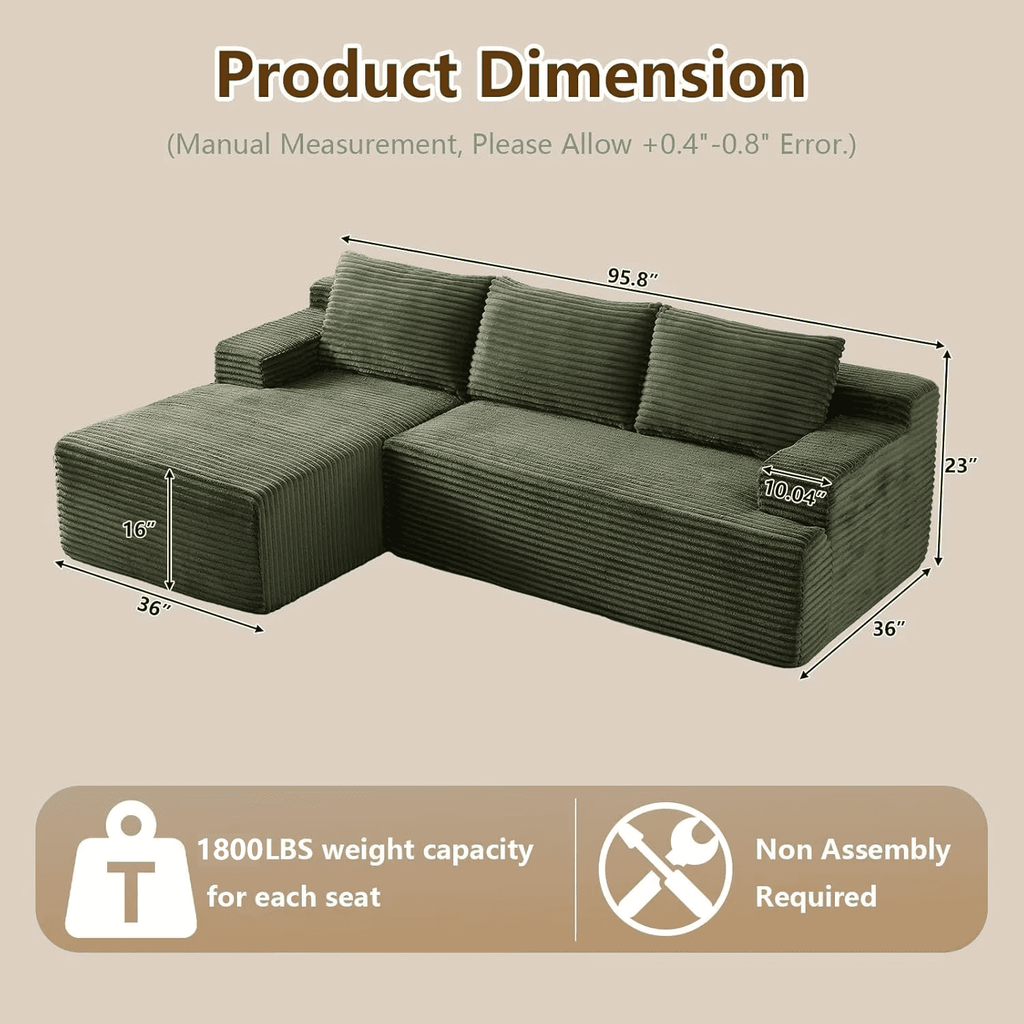 96 Boneless Cloud Couch with Chaise, Modular Sectional Sofa for Living Room, No Assembly Required, Deep Seat Corduroy Couch, Green
