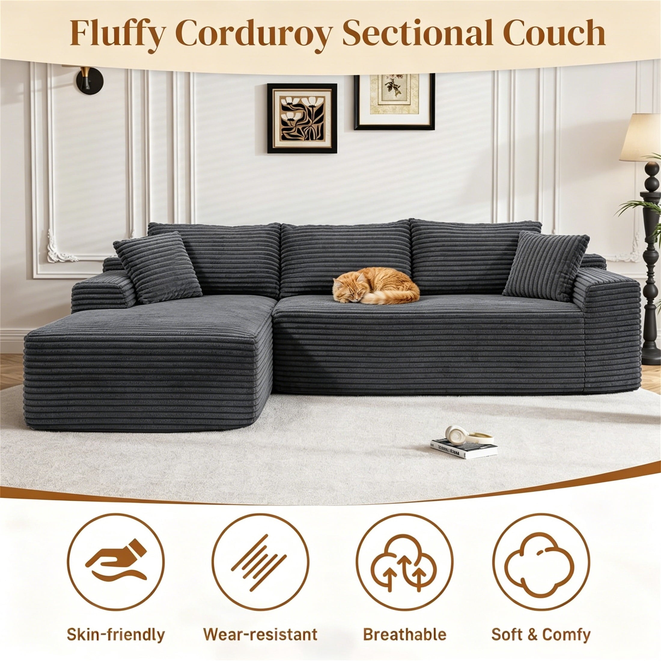 Aukfa 95 Cloud Sectional Sofa Deep Seat Boneless Couch Modular L-Shaped Couch, Left Chaise Corduroy Sofa for Living Room, Black