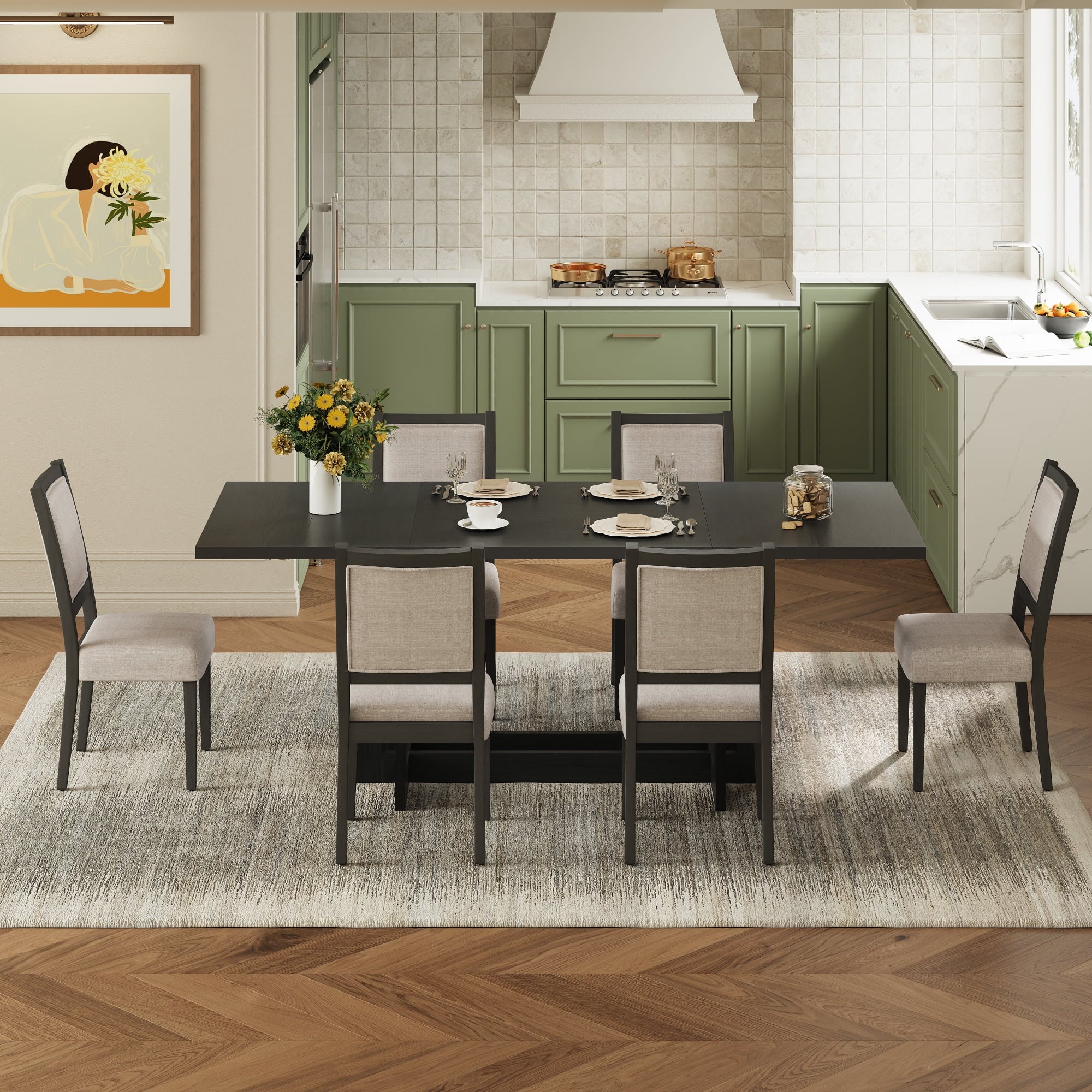 Harper & Bright Designs 7 Pieces Retro Dining Set for 6, Wood Rectangular Table with Designed Trestle Base and 6 Upholstered Chairs for Dining Room and Kitchen, Grey