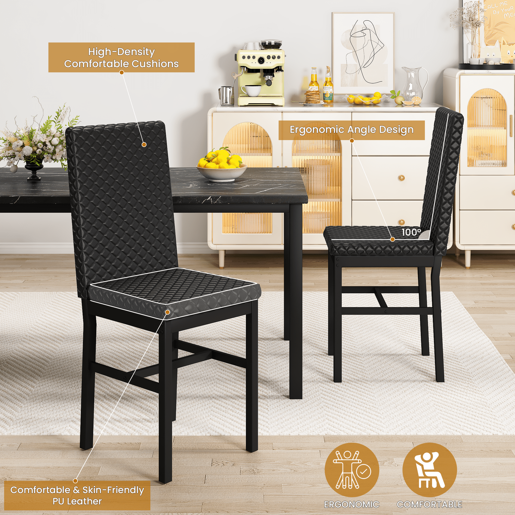 Cvortll 5 Piece Dining Table Set, Kitchen Table and Chairs Set for 4 with Faux Marble and 4 Velvet Upholstered Dining Chairs for Home, Restaurant, Black & Black