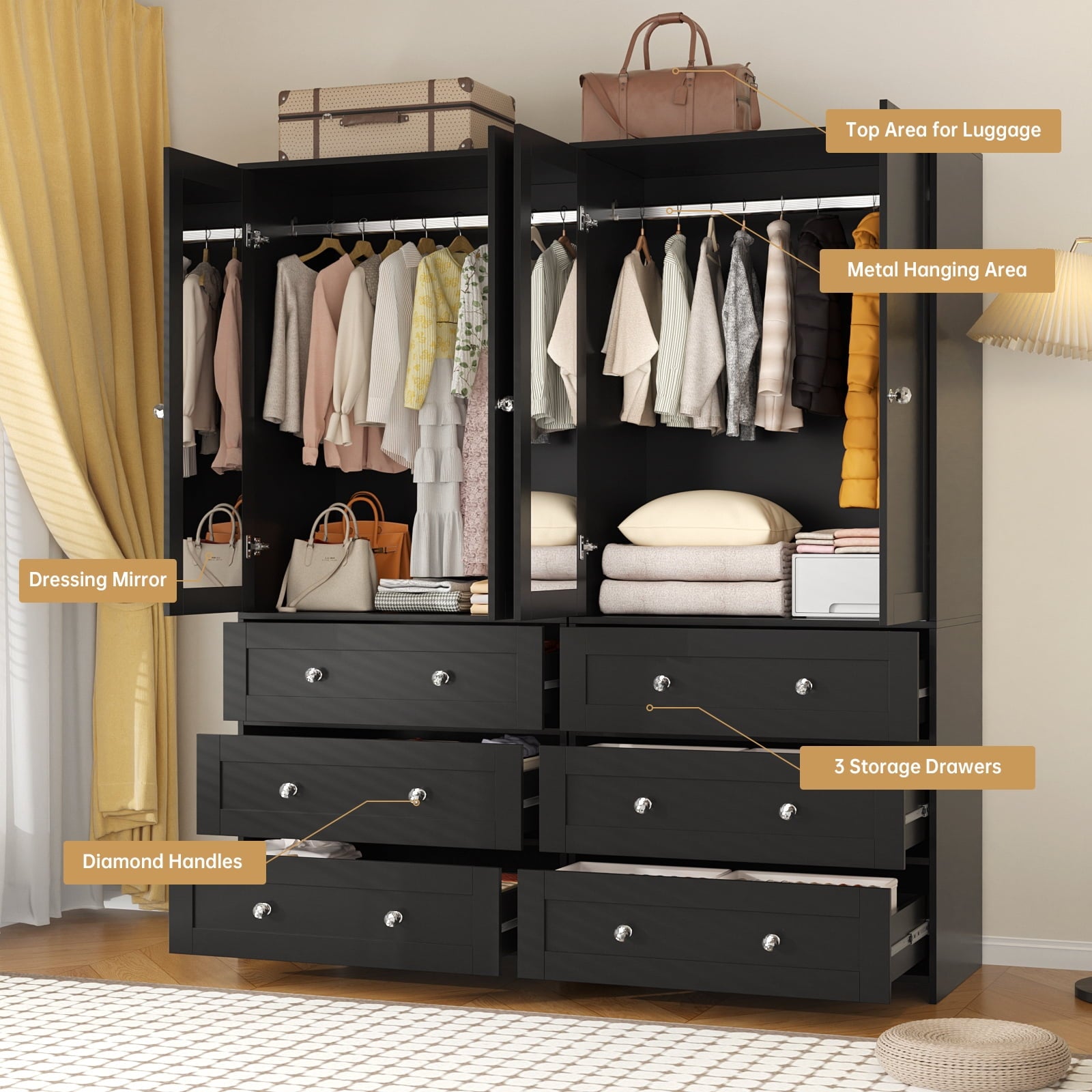 Richya Wooden Freestanding Wardrobe Closet Cabinet with 3 Drawers,Modern Wood Closet Storage Cabinet for Bedroom