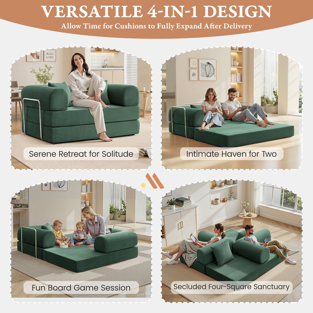 COOLHUT 63 W Combination Sofa, High Rebound Density Foam Sofa Couch, Two Forms Floor Couch Three Seats Sofa Bed for Living Room, Bedroom, Green