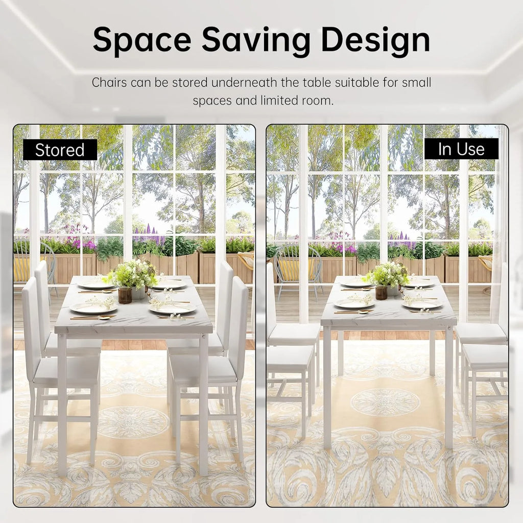 MOOSENG Dining Table Set for 4, Faux Marble Kitchen Table and Chairs Set of 4, 5-Piece Dining Room Set with PU Leather Upholstered Chairs for Small Space, Gray