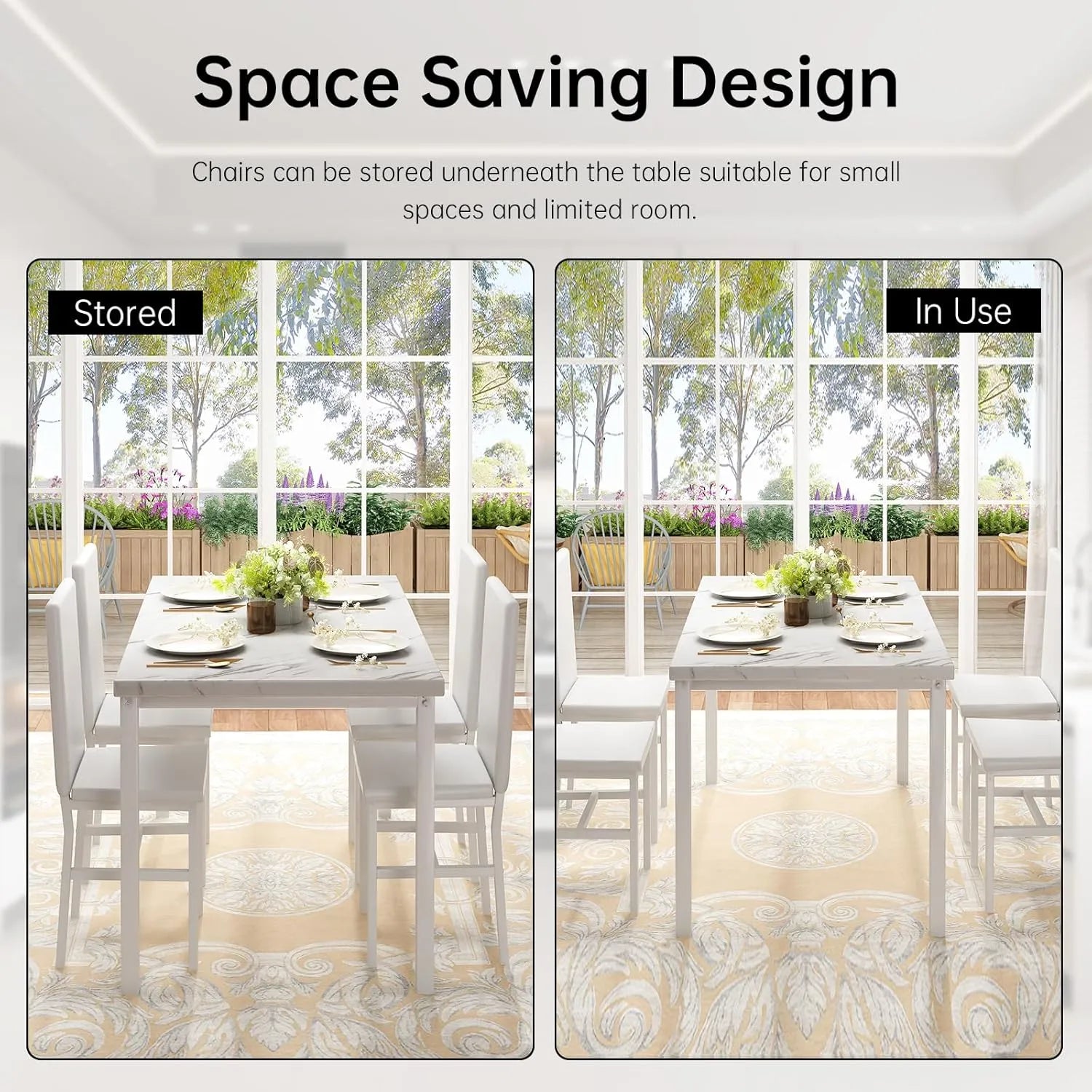 MOOSENG Dining Table Set for 4, Faux Marble Kitchen Table and Chairs Set of 4, 5-Piece Dining Room Set with PU Leather Upholstered Chairs for Small Space, Gray
