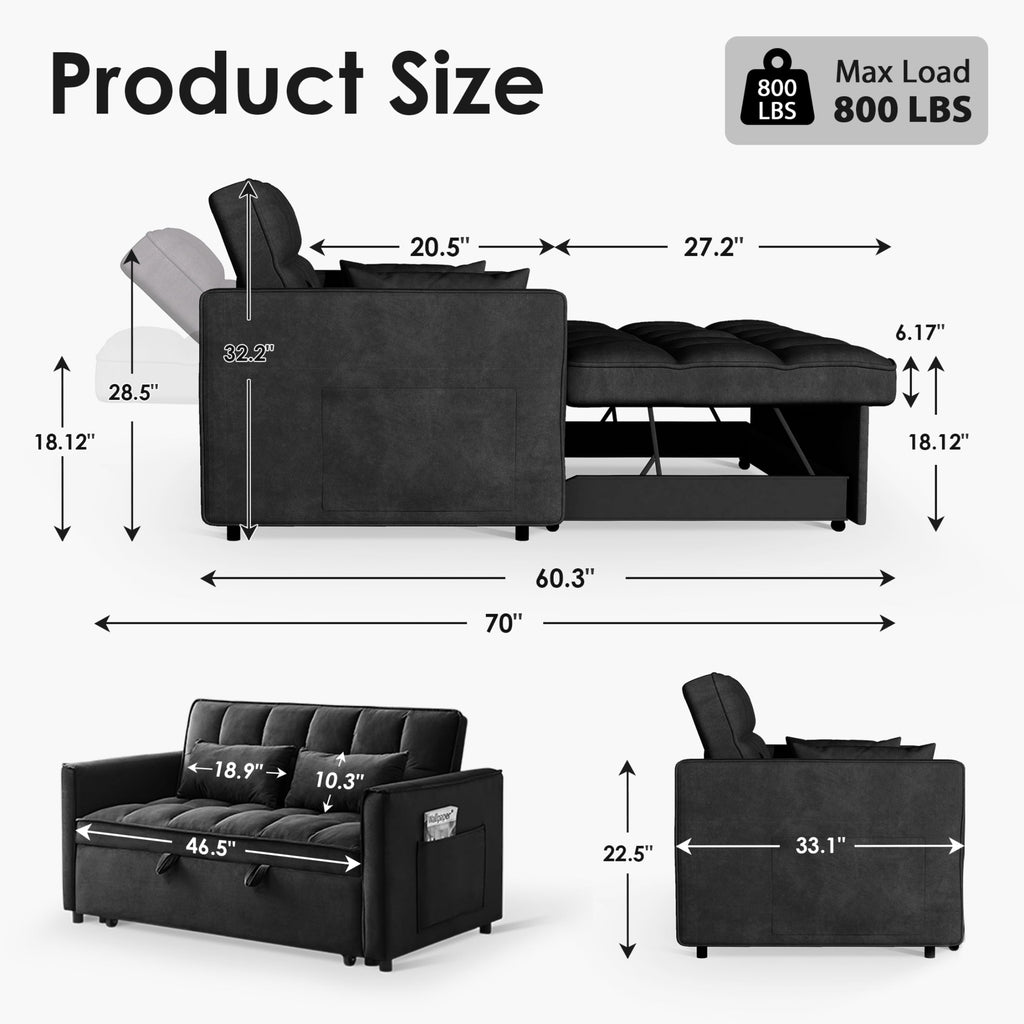 Anpport 3-in-1 Convertible Sleeper Sofa Bed, Pull-Out Loveseat Couch with Adjustable Back for Small Spaces, Velvet Fabric, 55, Dark Gray