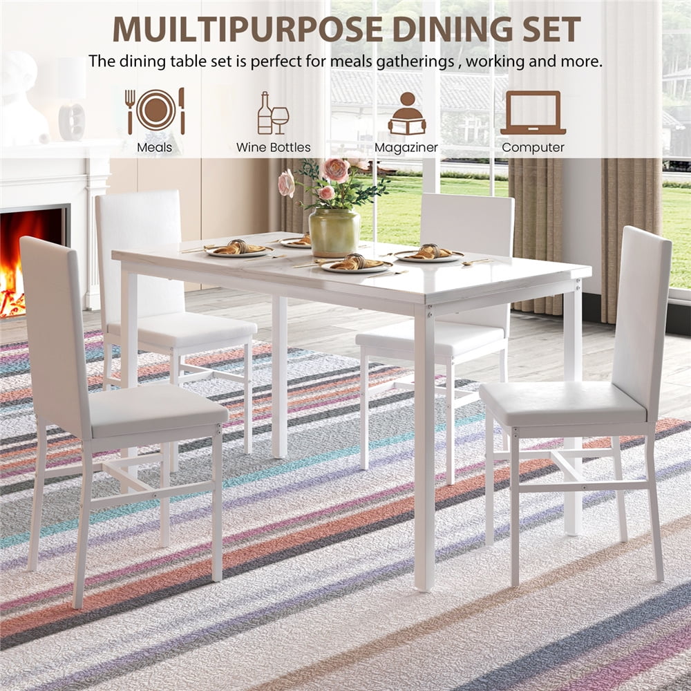 UHOMEPRO Dining Table Set for 4, 5 Piece Dining Room Table Set with Gray Velvet Upholstered Chairs, White Faux Marble Pattern Rectangle Kitchen Table Set for Breakfast Nook Small Space