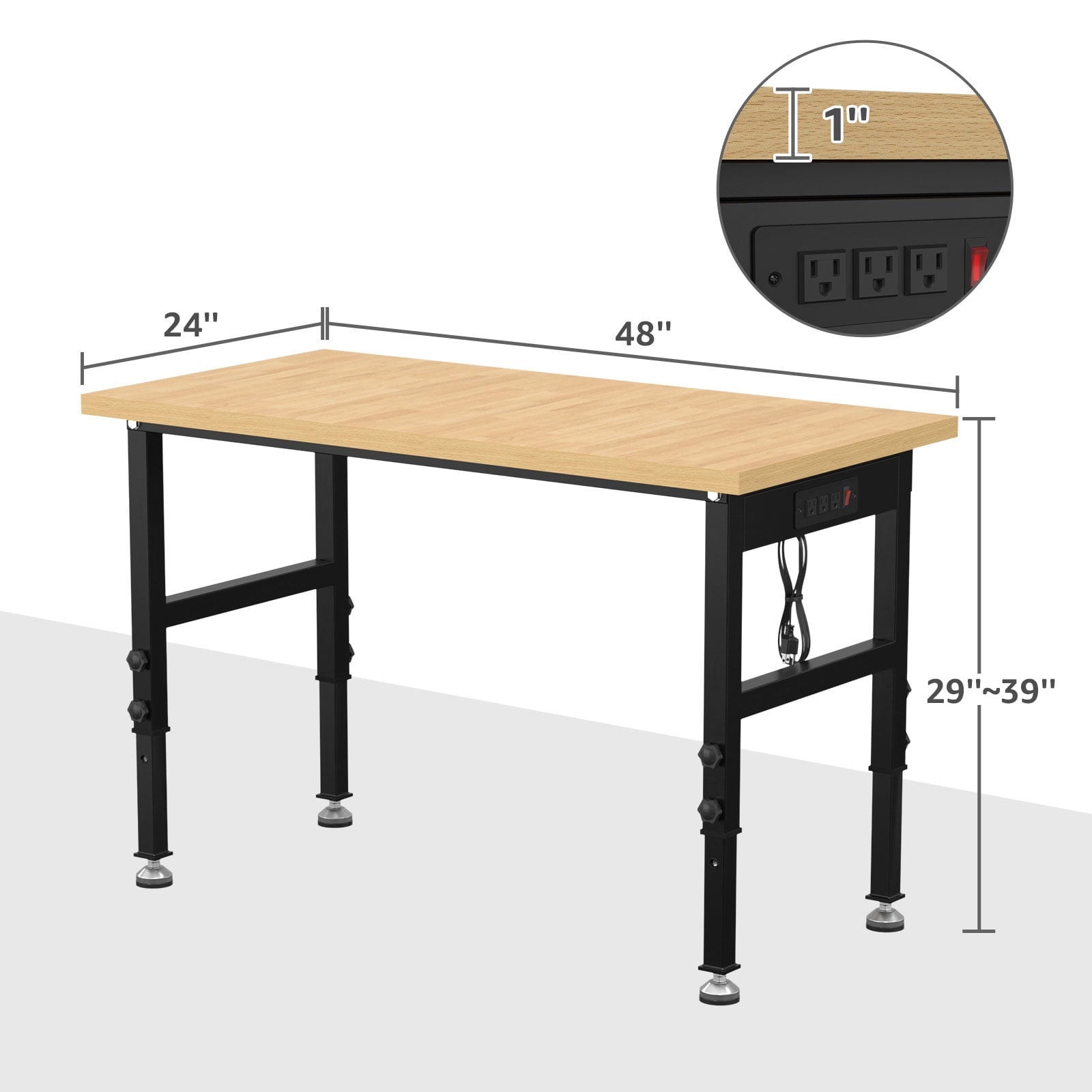 60 Adjustable Workbench,Heavy-Duty Work Table,3000 LBS Load Capacity Hardwood Workstation Outlets with Power strips and Wheels,for Workshop, Garage