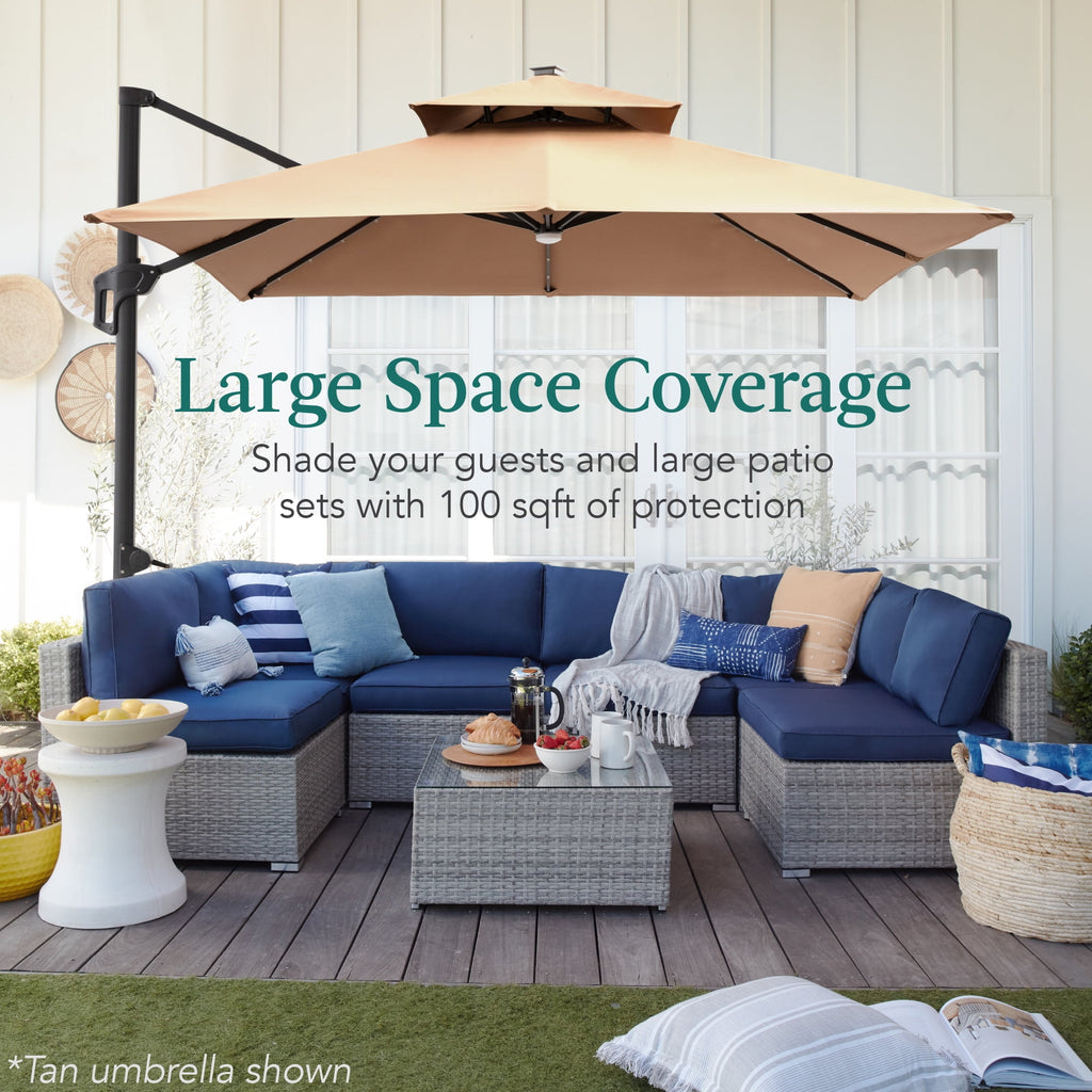 Best Choice Products 10x10ft 2-Tier Square Outdoor Solar LED Cantilever Patio Umbrella w/ Base Included - Tan