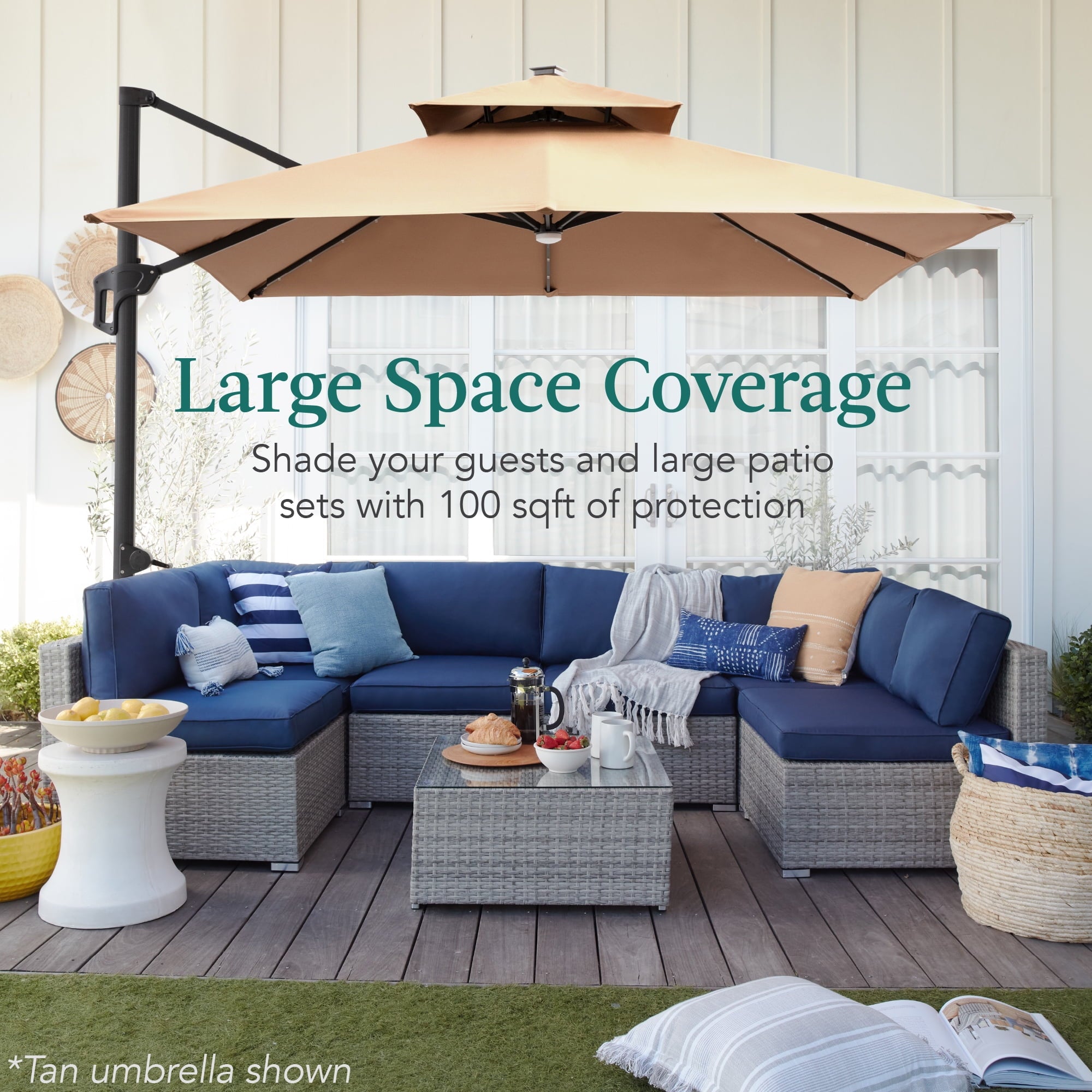 Best Choice Products 10x10ft 2-Tier Square Outdoor Solar LED Cantilever Patio Umbrella w/ Base Included - Tan
