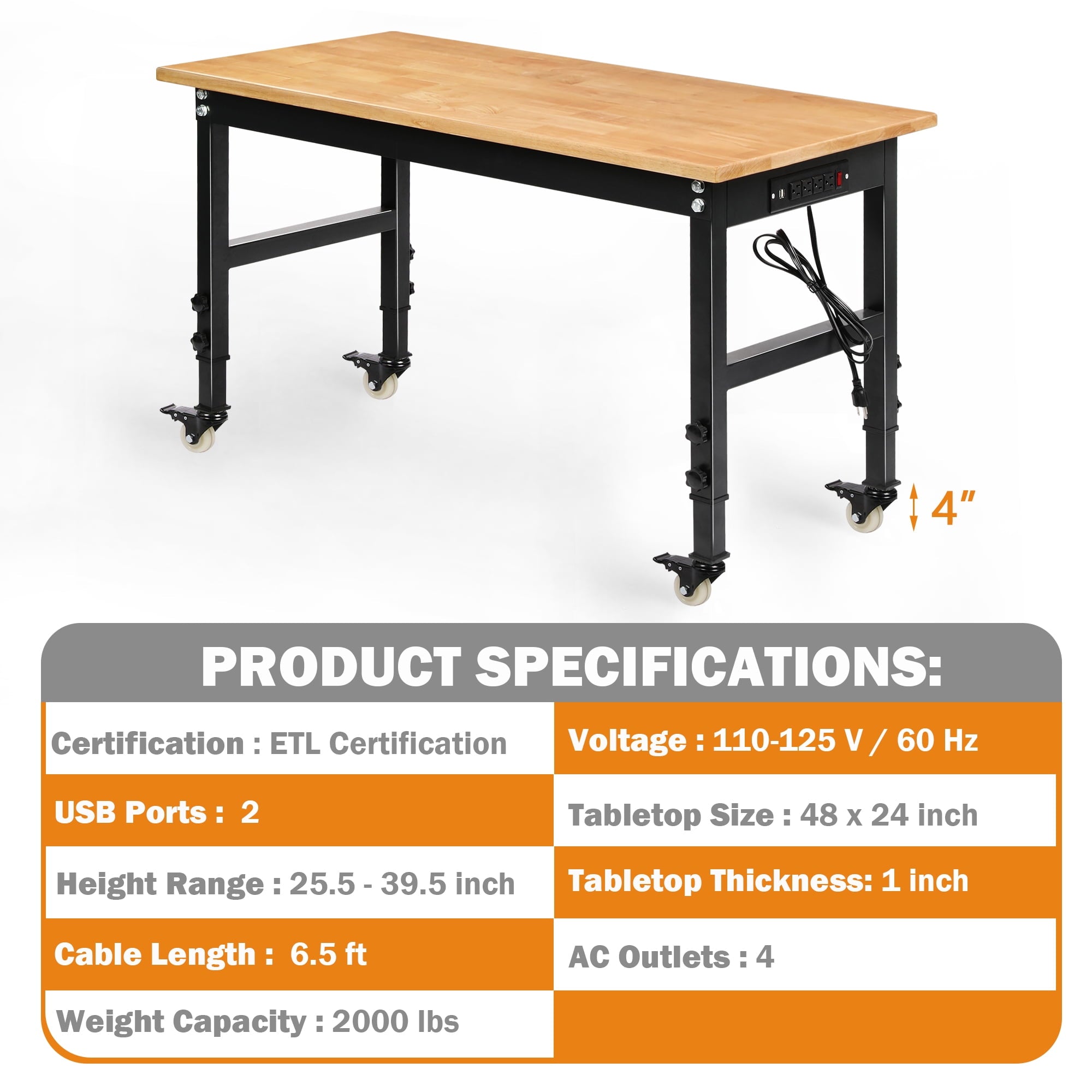 Tolead 60 Heavy-Duty Adjustable Workbench with Power Outlets, Rubber Wood Shop Table, Metal Wheels, Workstation