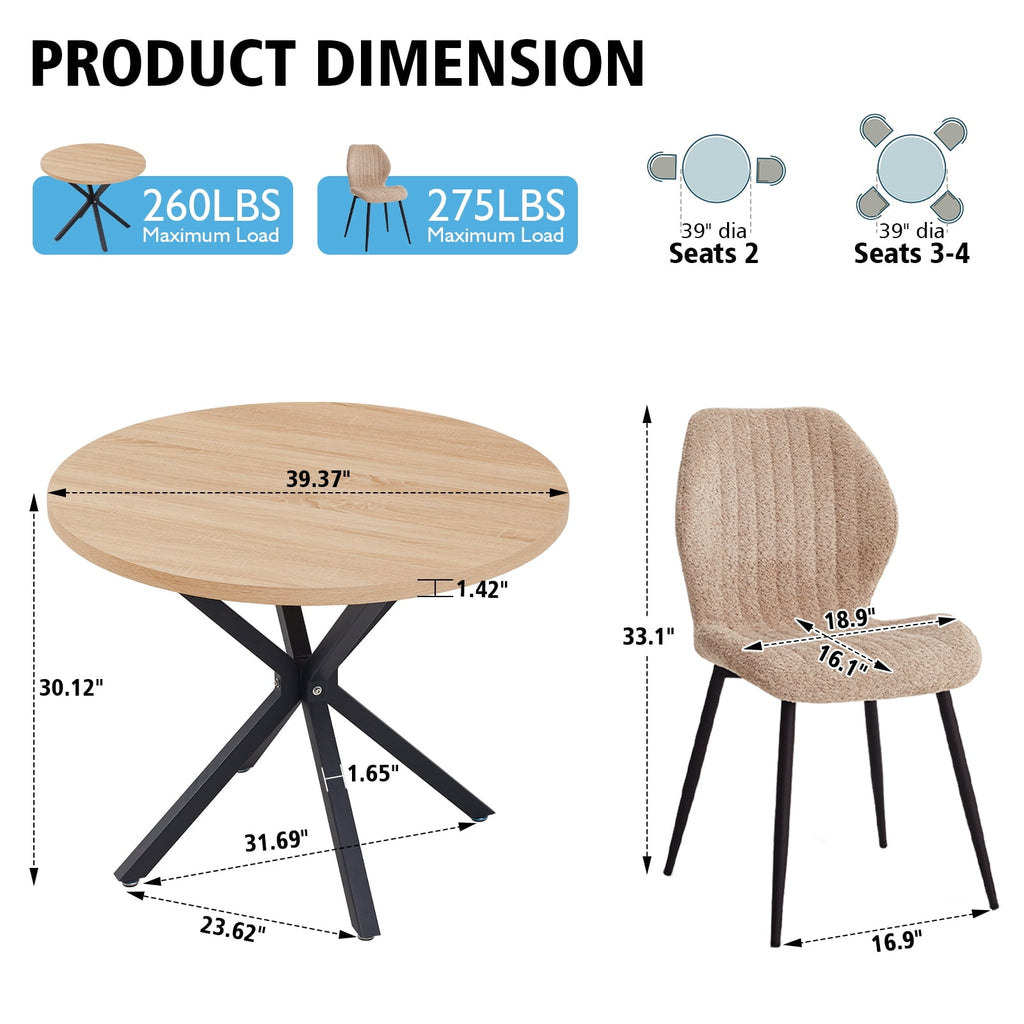 5 Piece 39 Round Dining Table Set for 4, Mid Century Kitchen Table with 4 Khaki Fabric Upholstered Dining Chairs for Apartment Living Room, Space Saving Table.