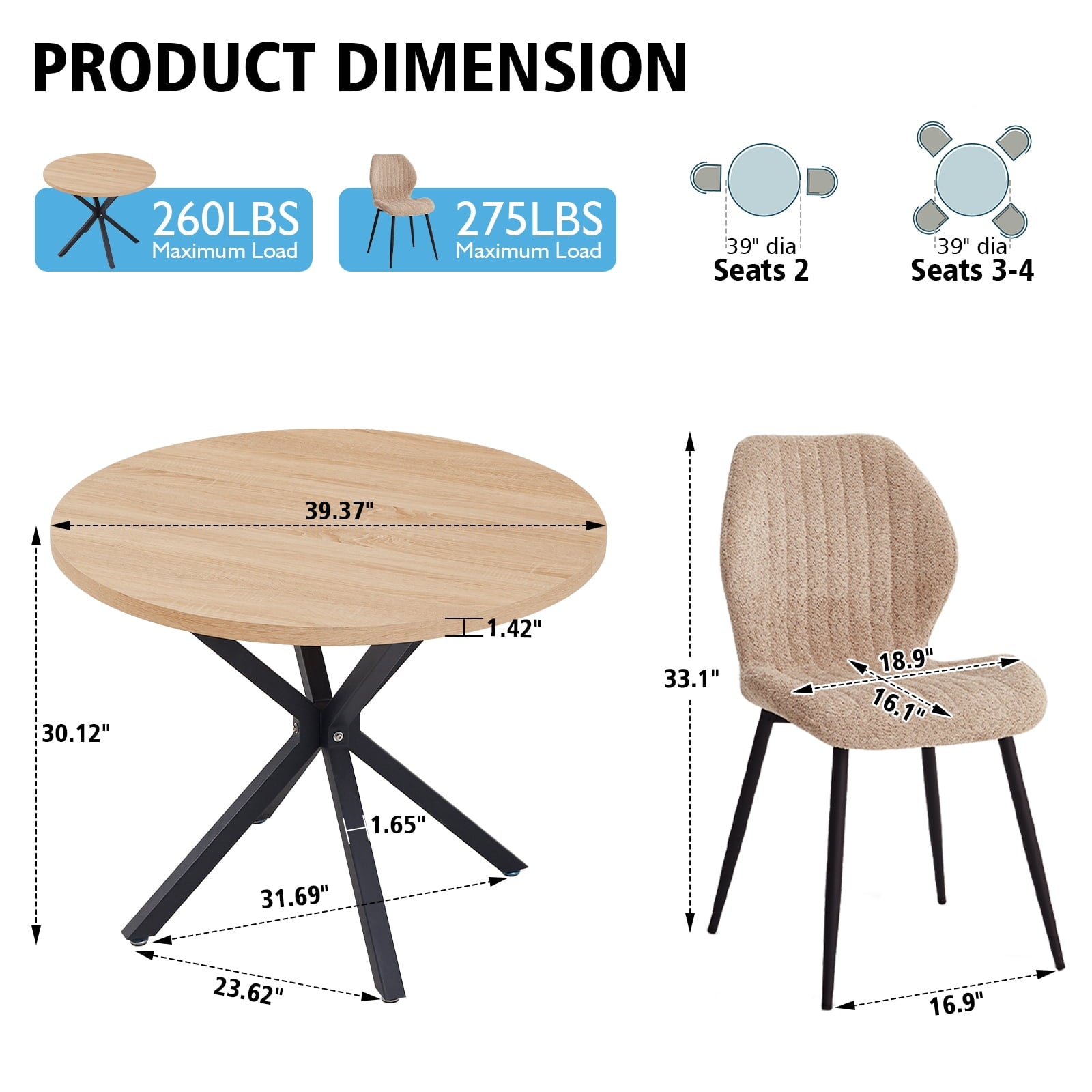5 Piece 39 Round Dining Table Set for 4, Mid Century Kitchen Table with 4 Khaki Fabric Upholstered Dining Chairs for Apartment Living Room, Space Saving Table.
