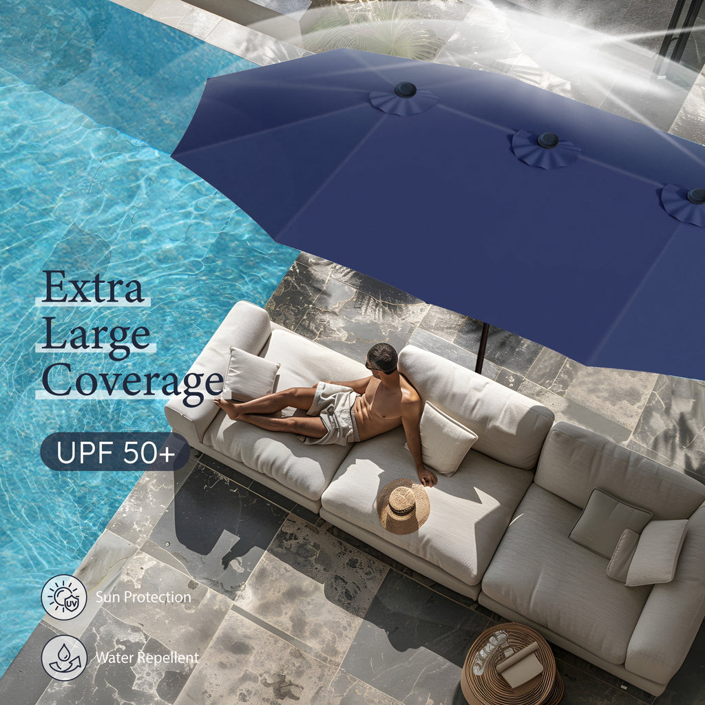 SUMMIT LIVING 15 ft Large Patio Umbrella with Base (Included) Double-Sided Rectangular Outdoor Deck Umbrella for Outside - Beige