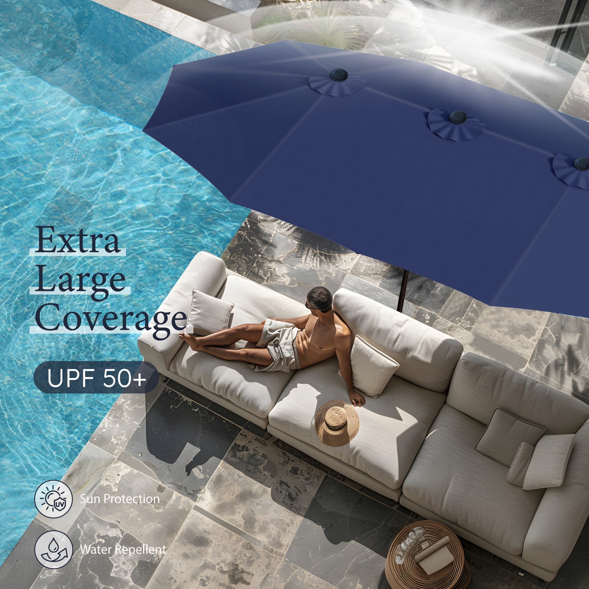 SUMMIT LIVING 15 ft Large Patio Umbrella with Base (Included) Double-Sided Rectangular Outdoor Deck Umbrella for Outside - Beige