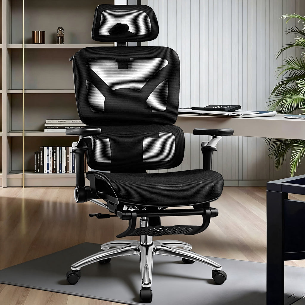 COOLHUT Ergonomic Mesh Office Chair with Footrest, Big and Tall Computer Desk Chair with Adjustable Lumbar Support, Headrest and Armrest, High Back Home Office Chair for Workspace, 300LBS, Black