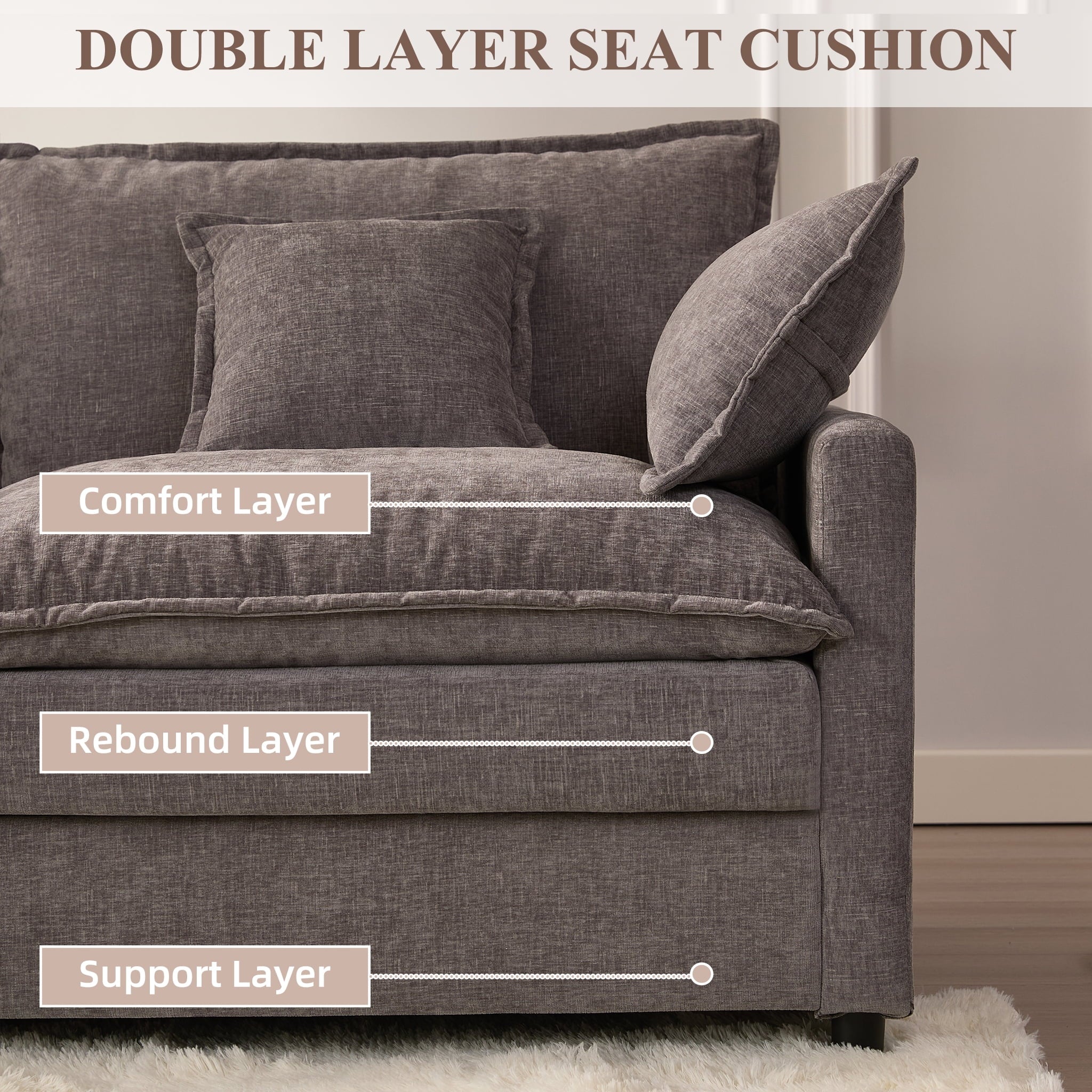 LAKPS 3-Seat Sectional Sofa Couch, Cloud-Style Deep Seating Sleeper Sofa with Included Throw Pillows, Linen Upholstery, Modern Living Room Sofa, Cream White
