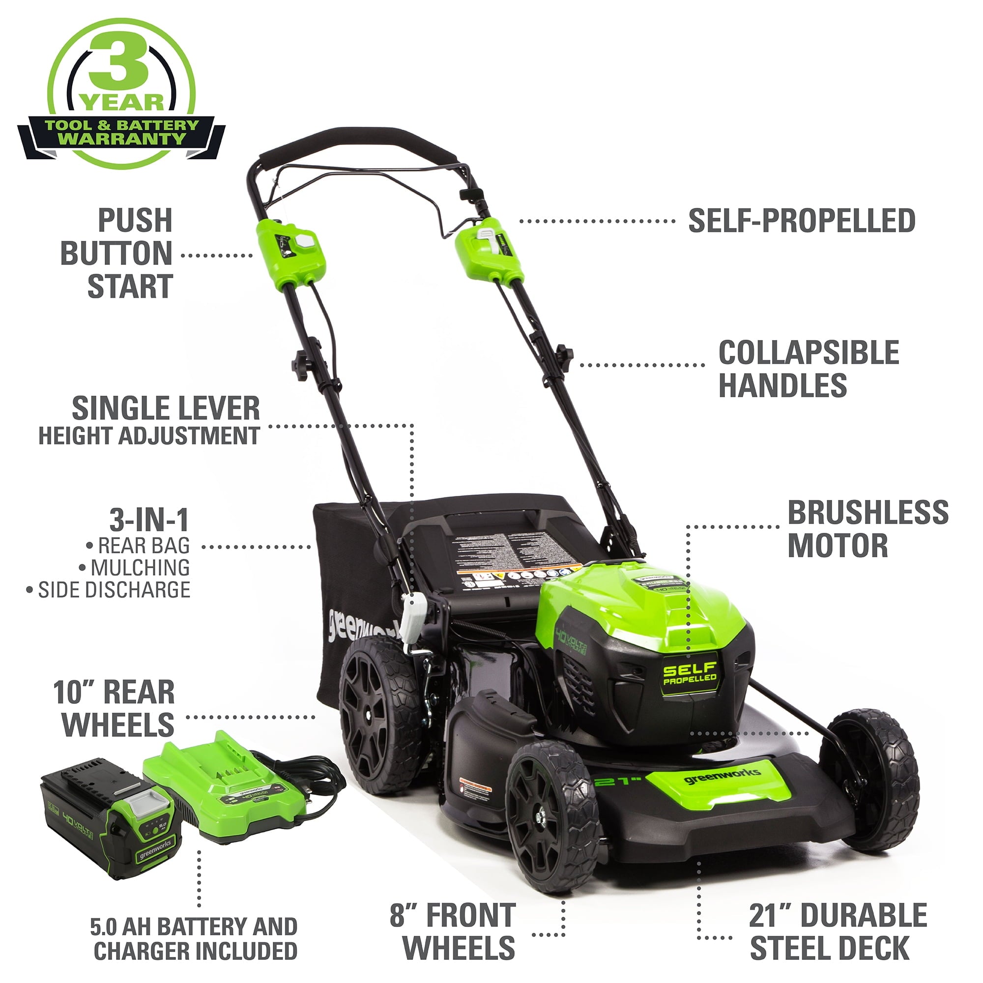 Greenworks 40V 21 Brushless Self Propelled Lawn Mower with 5.0 Ah Battery and Charger 2516402