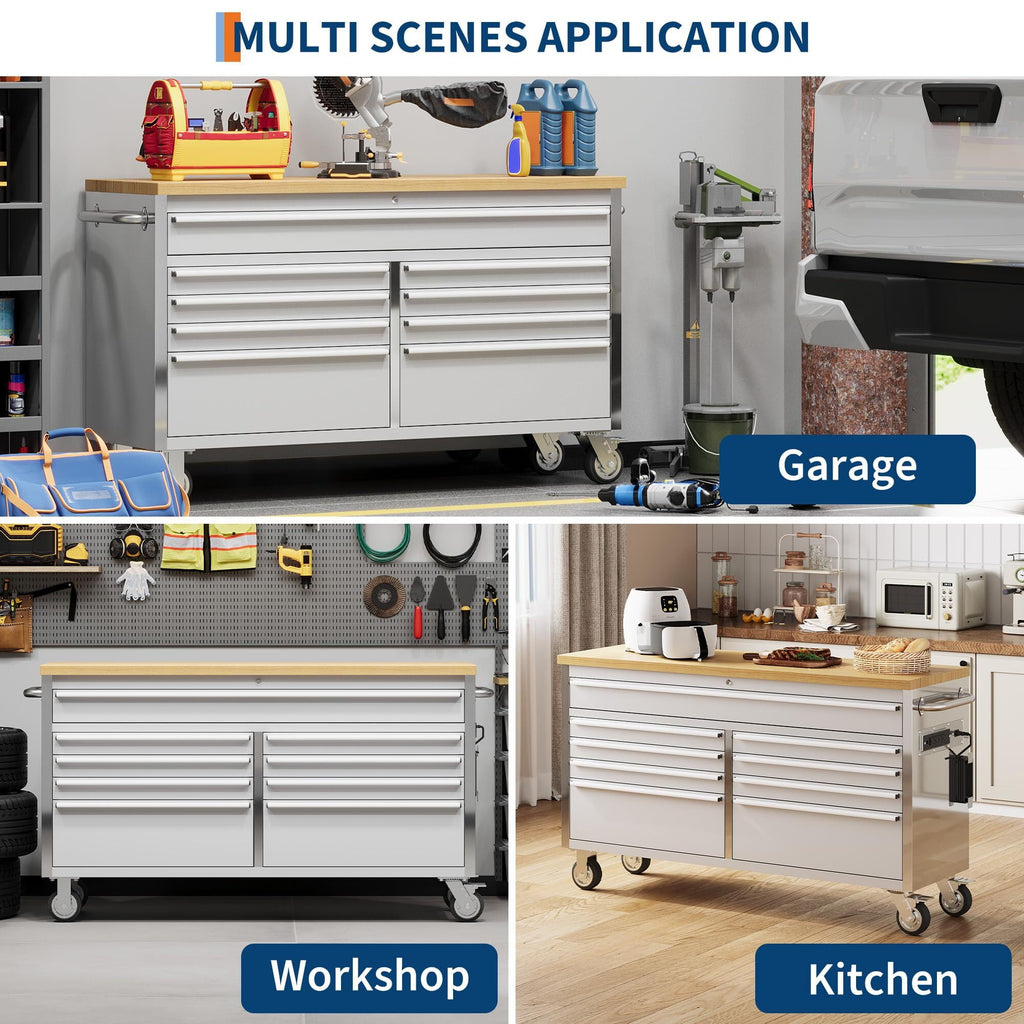 Garvee 61 Tool Chest, Rolling Workbenches with 9 Drawers and Pre-Installed Power Strip for Garage, Workshop, Kitchen