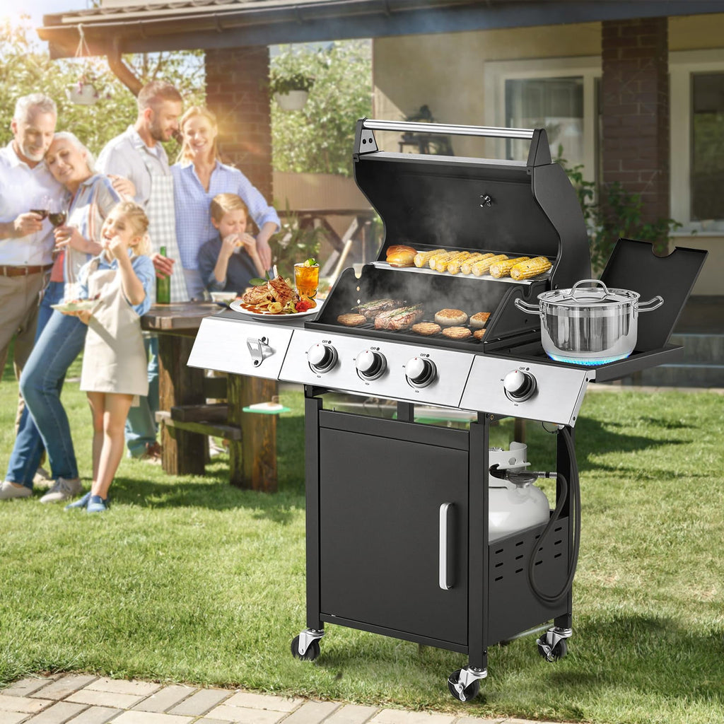 MELLCOM Upgraded 36,000 BTU Stainless Steel Burner Barbecue Grill, 3 Burner BBQ Propane Gas Grill with Cast Iron Grates & Side Stove for Patio, Camping, Outdoor Cooking