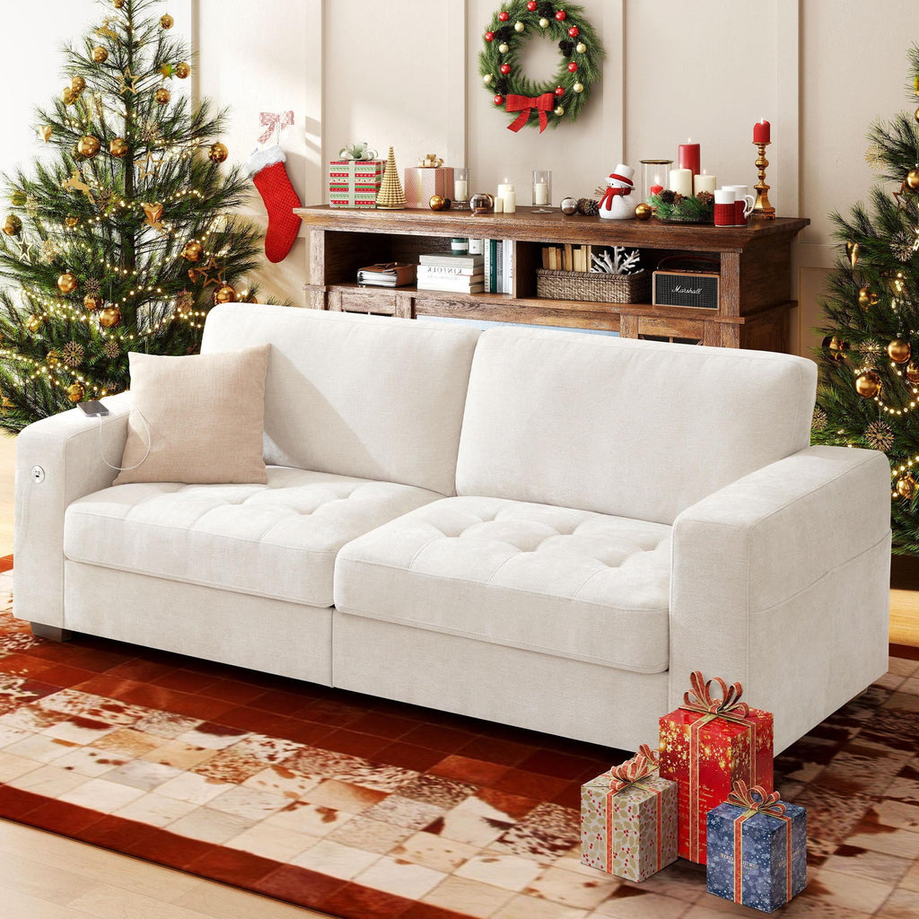 Bedluxury 89 Deep Sofa Couch with USB/Type-C Charging, Storage Pocket & Wide Armrest, Removable Cover, Seats 3 Adults, Chenille Beige