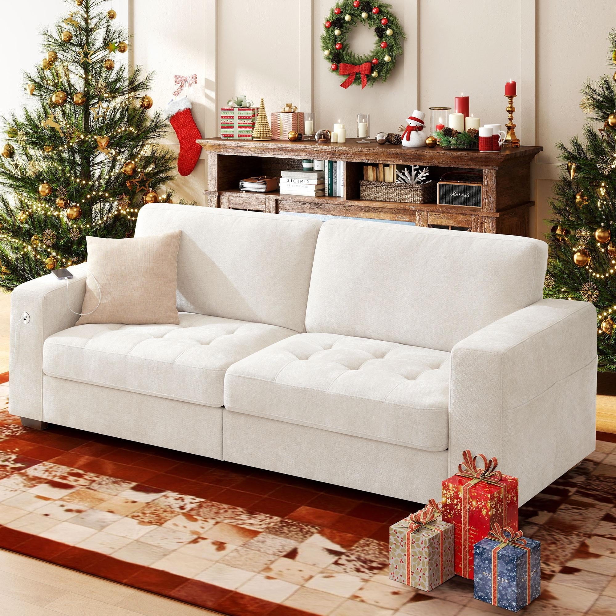 Bedluxury 89 Deep Sofa Couch with USB/Type-C Charging, Storage Pocket & Wide Armrest, Removable Cover, Seats 3 Adults, Chenille Beige