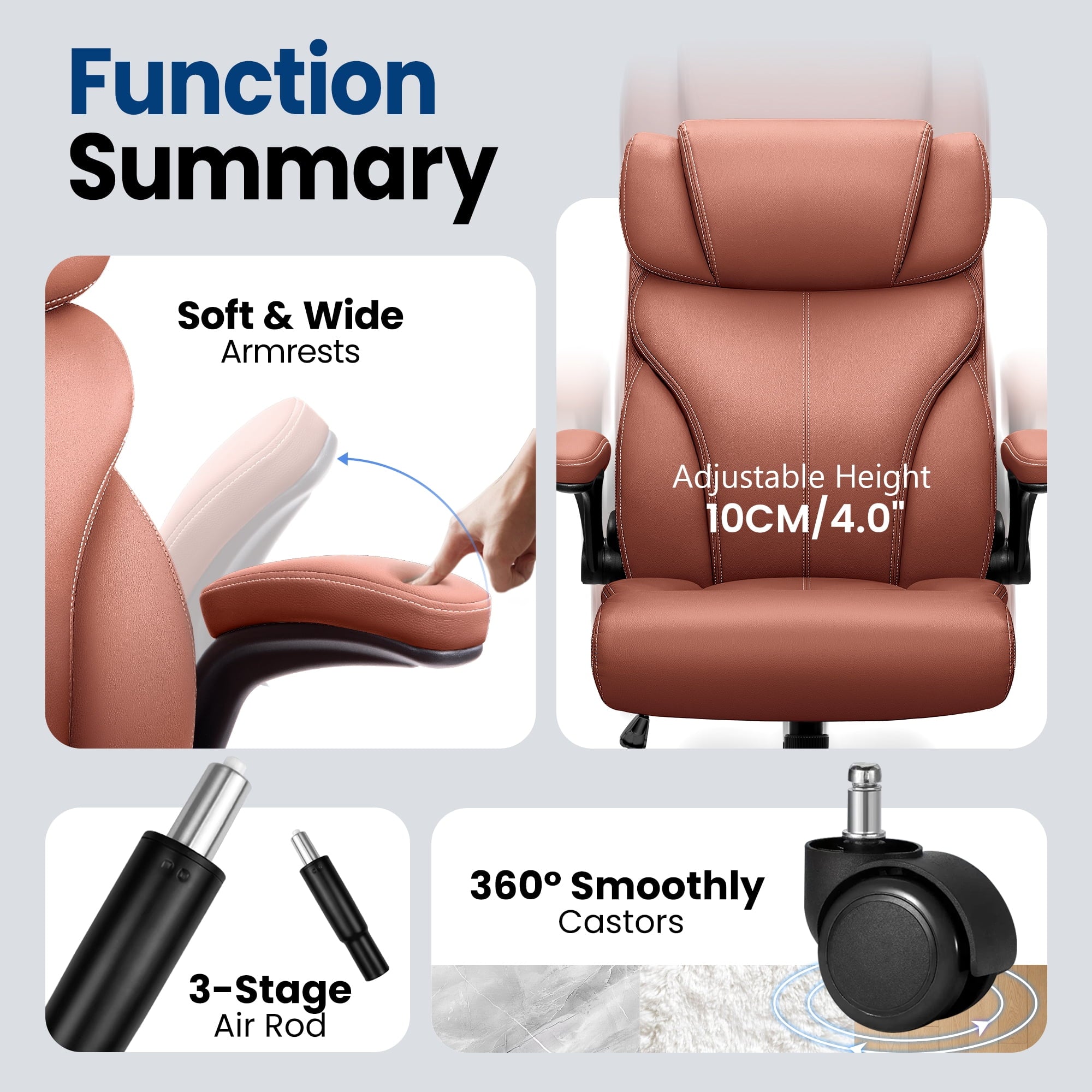 STACOO High Back Executive Office Chair 400lbs, Big and Tall Ergonomic Desk Chair with Lumbar Support & Flip-up Armrests, PU Leather Swivel Chair with Adjustable Height – Brown
