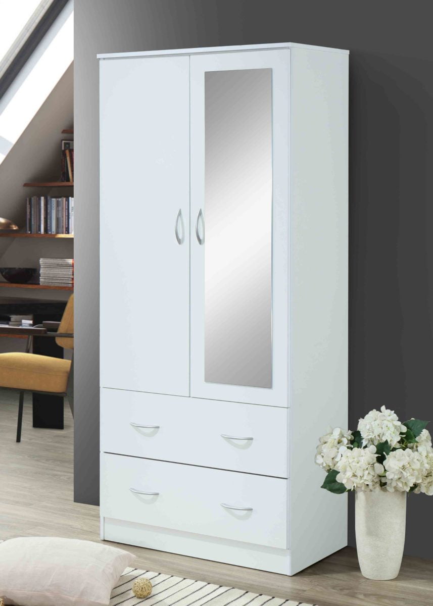 Hodedah Two Door Wardrobe with Two Drawers and Hanging Rod plus Mirror, Black
