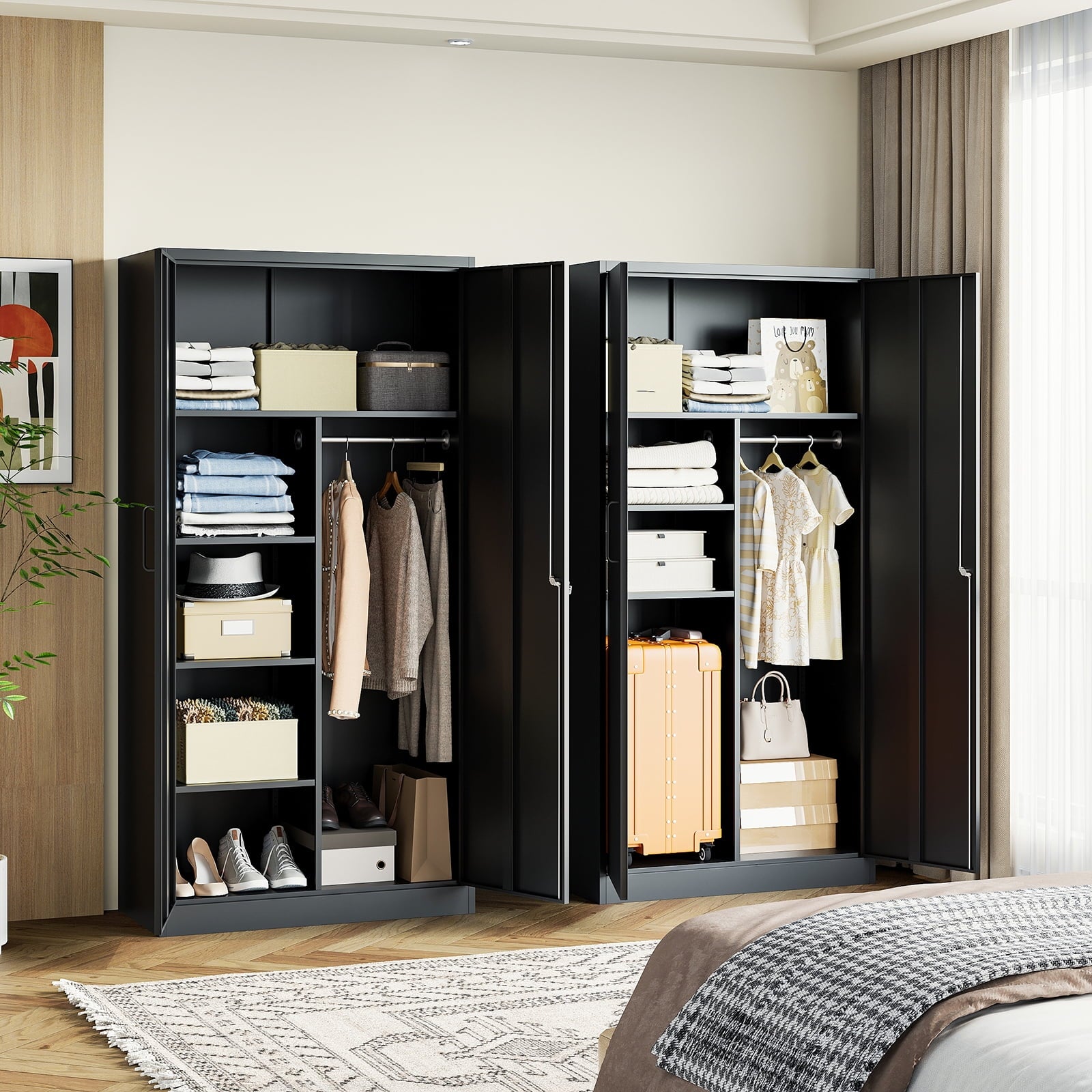 STANI Metal Wardrobe Closet with Hanging Rod, 72 White Armoire Wardrobe Cabinet with Adjustable Shelves, Clothes Storage Organizer Cabinets for Bedroom, Bathroom, Office