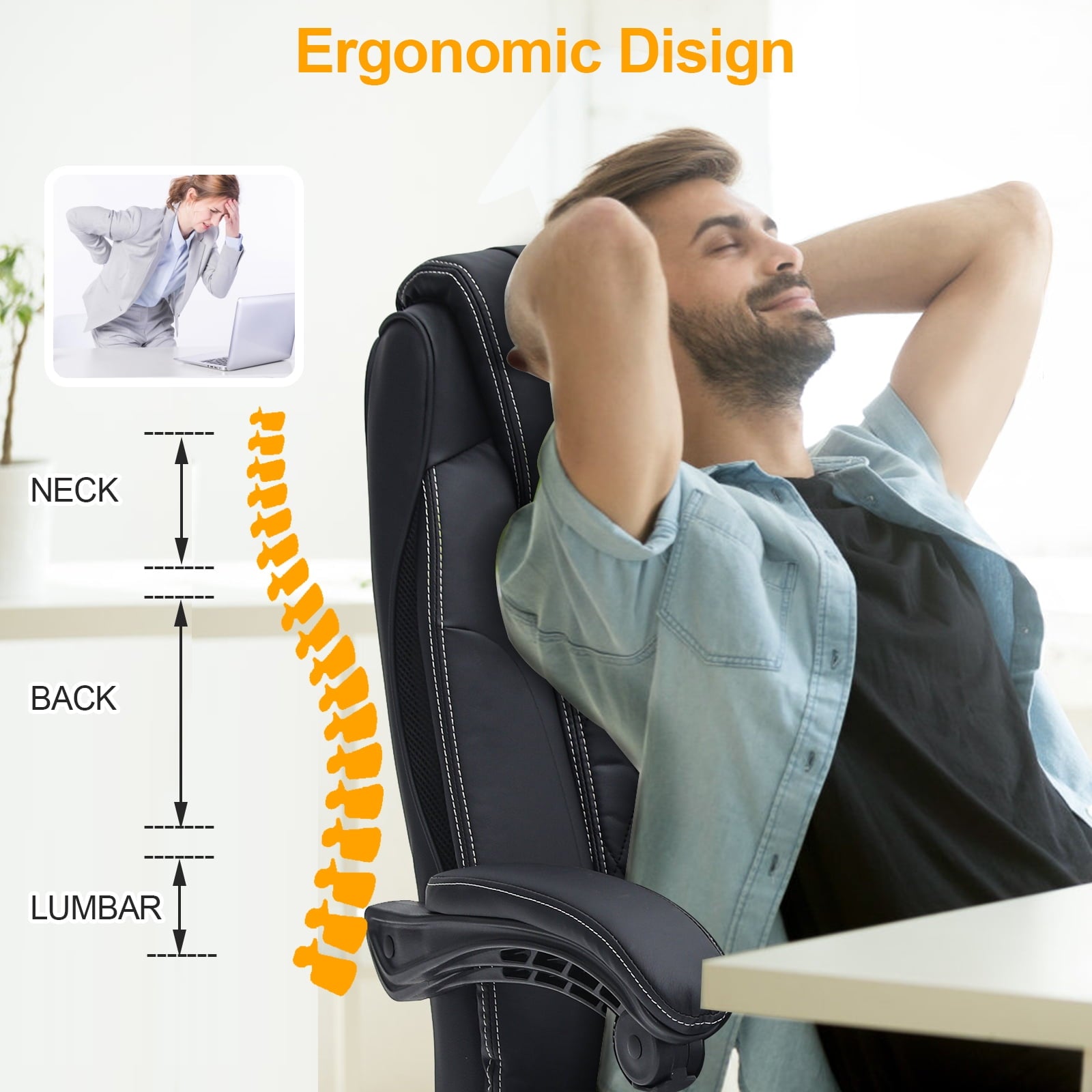 HOMREST Ergonomic Office Chair with 6-Point Massage & Heating, Adjustable Executive Desk Chair with Retractable Footrest, PU Leather Home Office Desk Chair for Home & Office (Black)