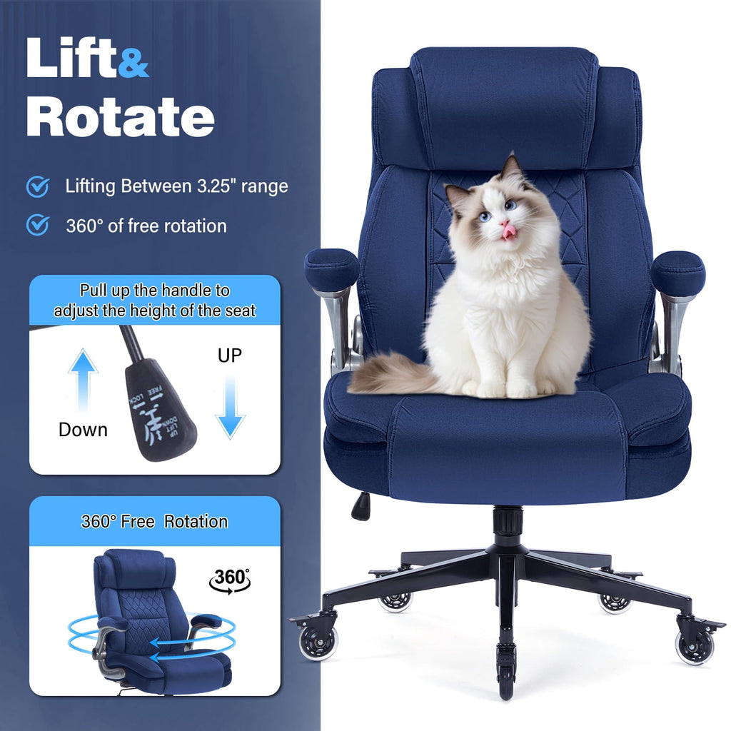 High Back Office Chair with Lockable Wheels, 400lbs Large Fabric Executive Desk Chair, Adjustable Lumbar Support Flip up Arms, Ergonomic Home Office Computer Chair with Storage Pocket, Black