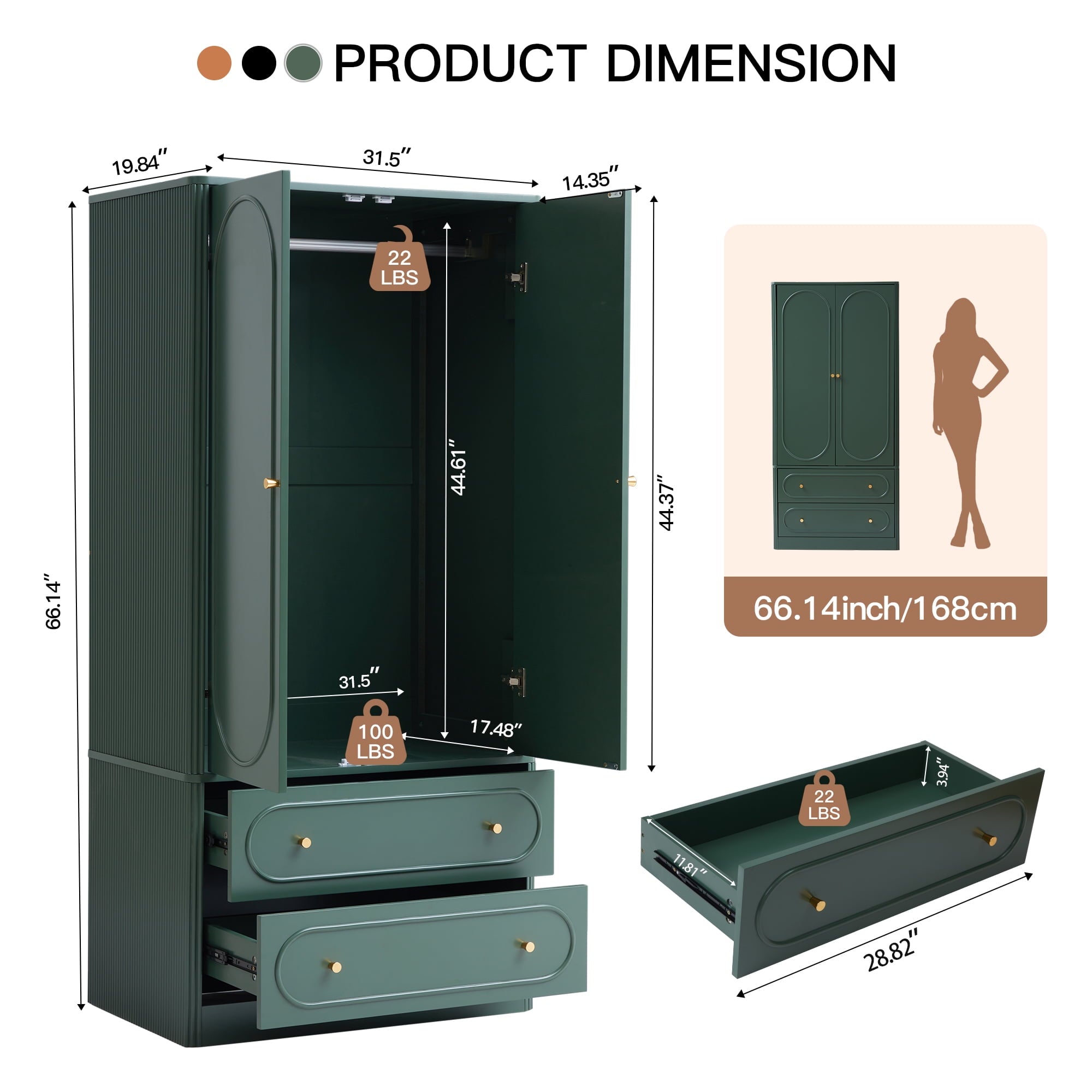 Wirrytor Freestanding Wooden Armoire Wardrobe with 2 Woven Doors and Storage Drawers, Space-Saving Closet Cabinet for Bedroom, Sturdy Mdf Board Closet with Hanging Rail