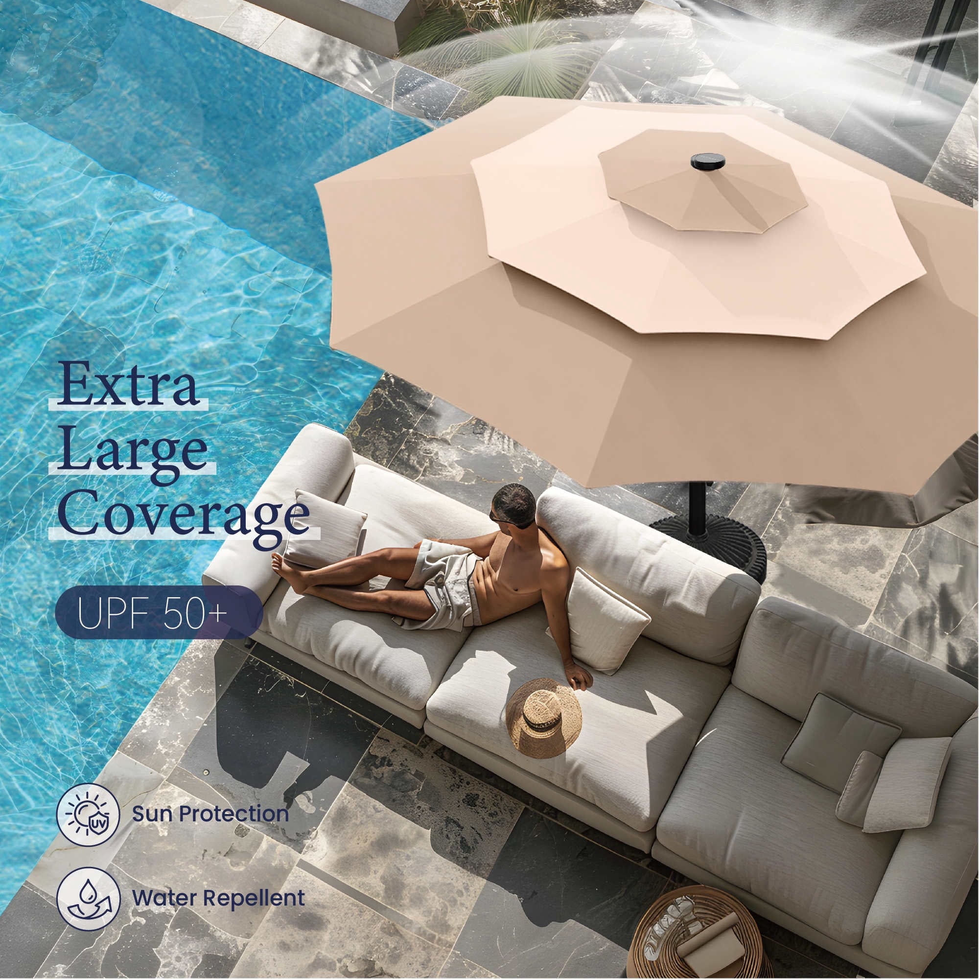 Summit Living 10ft Patio Umbrella with Solar Lights 3-Tier Vented Outdoor Market Umbrella with Auto-Tilt – Beige