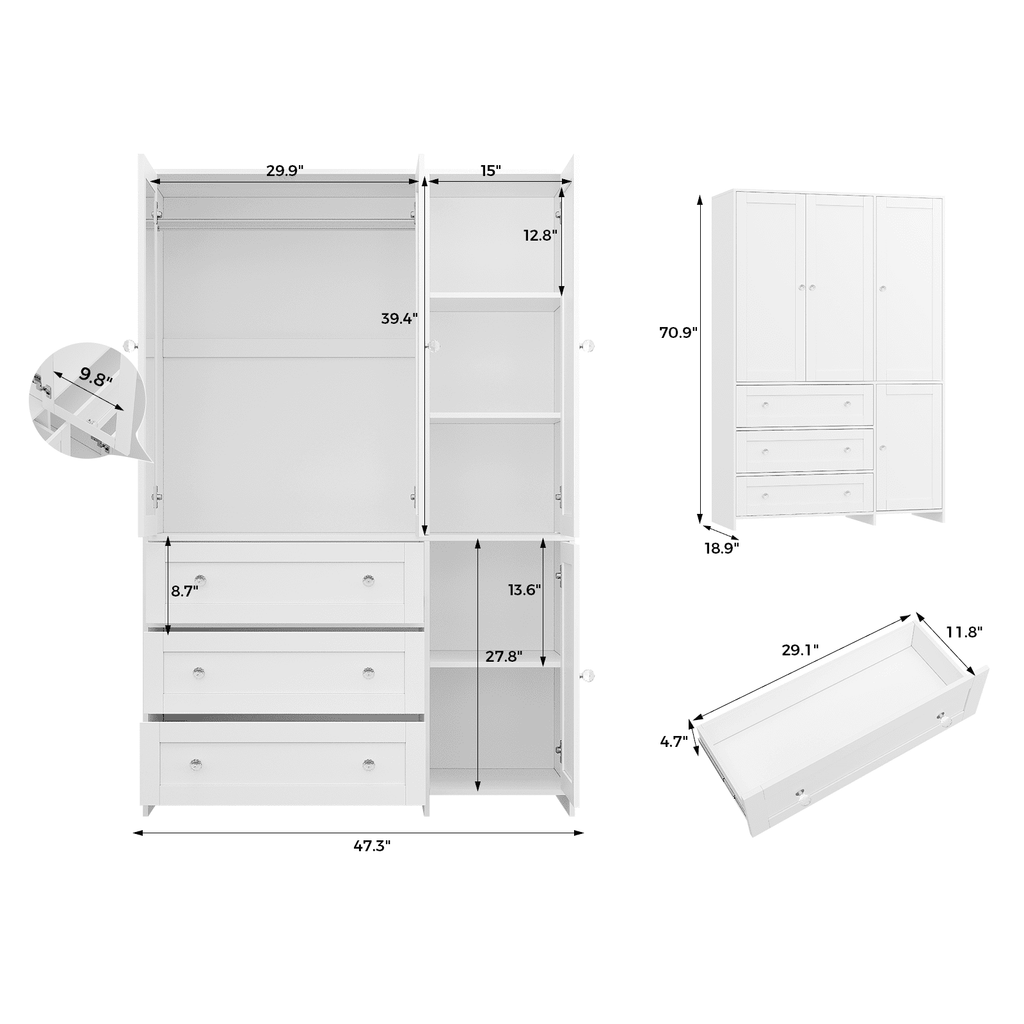 Richya Wardrobe Closet Armoire Storage Cabinet 3 Doors with Hanging Rod for Hanging Clothes Bedroom Large Capacity Tall Freestanding Armoire Organizer with Shelves particle board