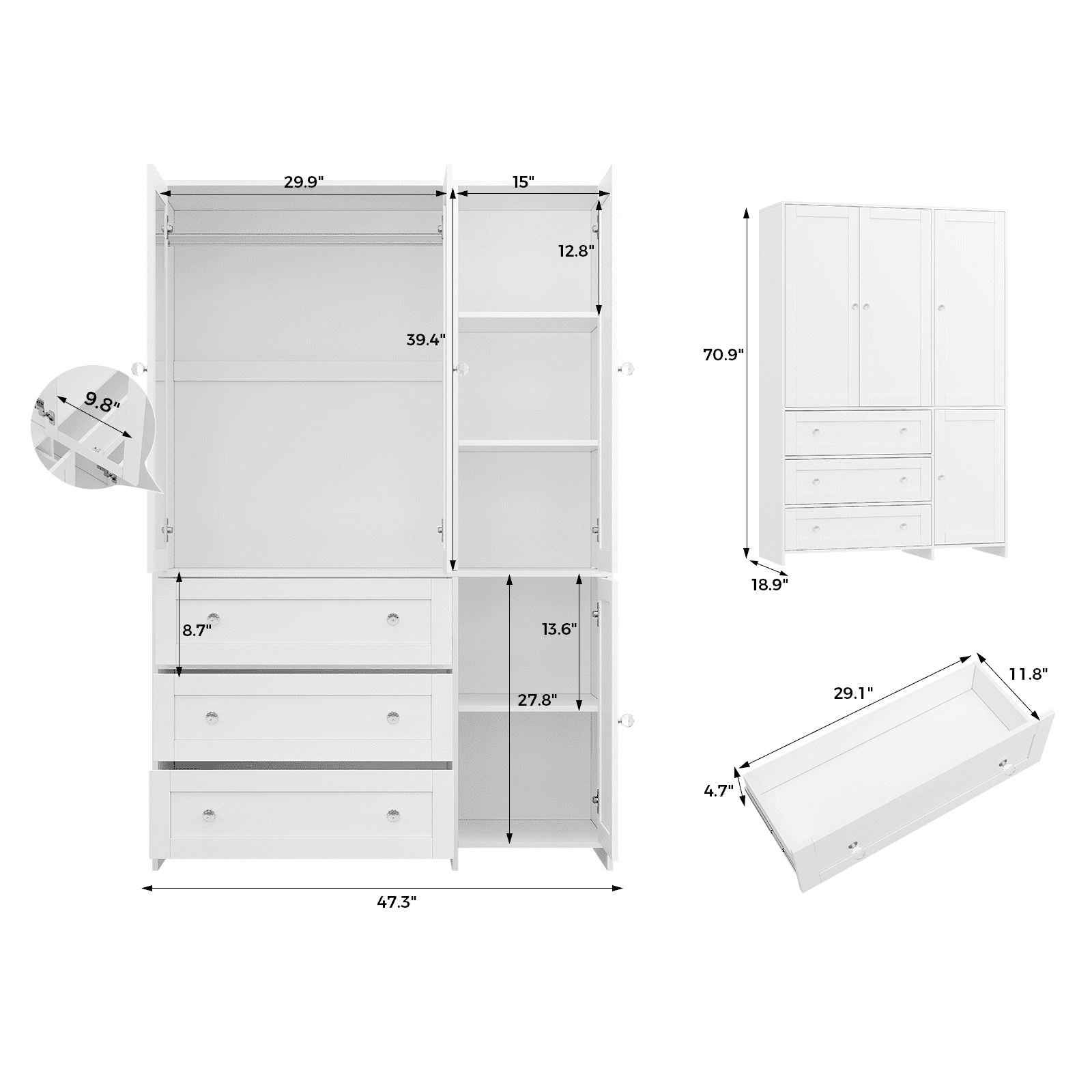 Richya Wardrobe Closet Armoire Storage Cabinet 3 Doors with Hanging Rod for Hanging Clothes Bedroom Large Capacity Tall Freestanding Armoire Organizer with Shelves particle board