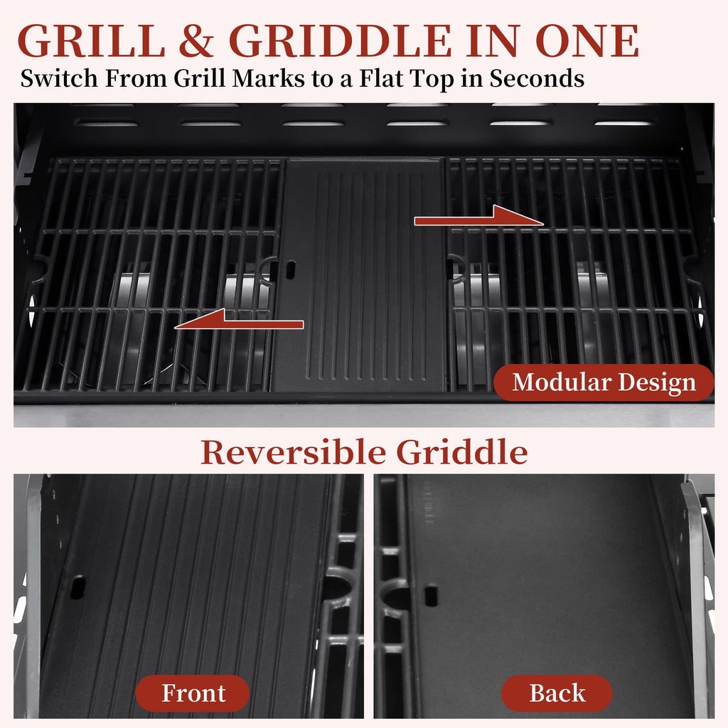CIG GARDEN 6-Burner Propane Gas Grill with Side Burner,73000 BTU Output Double-Layer Stainless Steel BBQ Grill Lid with Cast Iron Grates