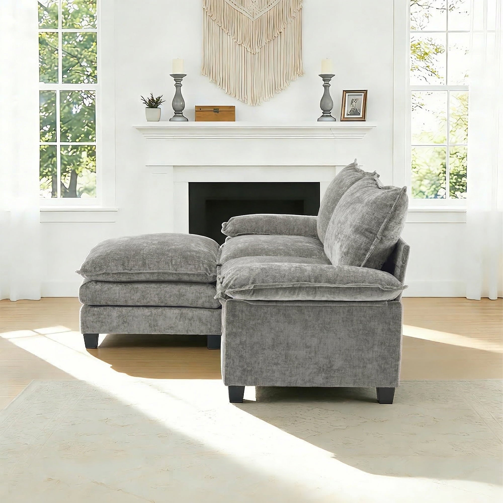 Ktaxon Sectional Sofa L Shaped Couch with Chaise Living Room Sleeper Set, 2 Seats with Chenille and Double Layer Cushions 86 W Beige