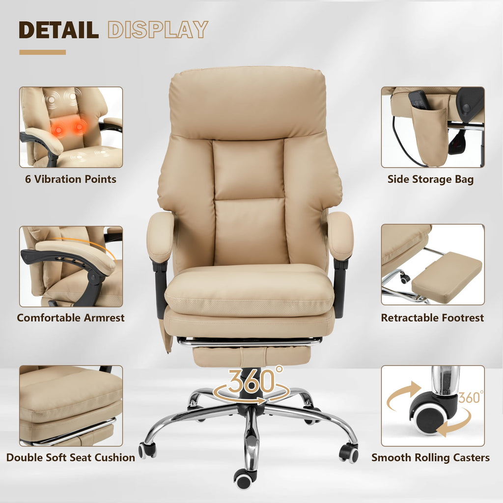 HOMREST Ergonomic Office Chair with 6-Point Massage & Heating, Adjustable Executive Desk Chair with Retractable Footrest, PU Leather Home Office Desk Chair for Home & Office (Black)