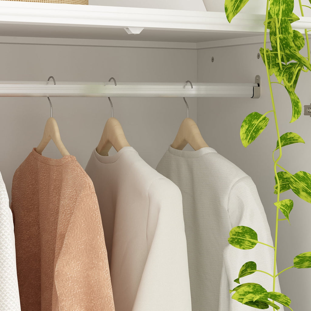 KULAGAGA Wardrobe Closet with Hanging Rod, Modern Wooden Armoire with 4 Framed Doors & 3 Large Shelves, Clothes Storage Cabinet Organizer for Bedroom Apartment, White