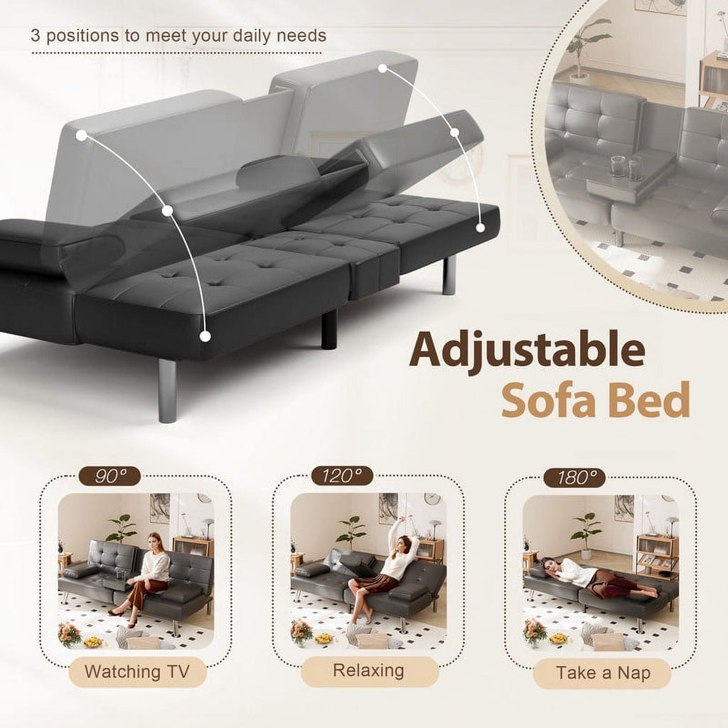 Furmax 3-in-1 Futon Sofa Bed Convertible Couch – Faux Leather Recliner with Cup Holders for Living Room, Apartment & Small Space, Black