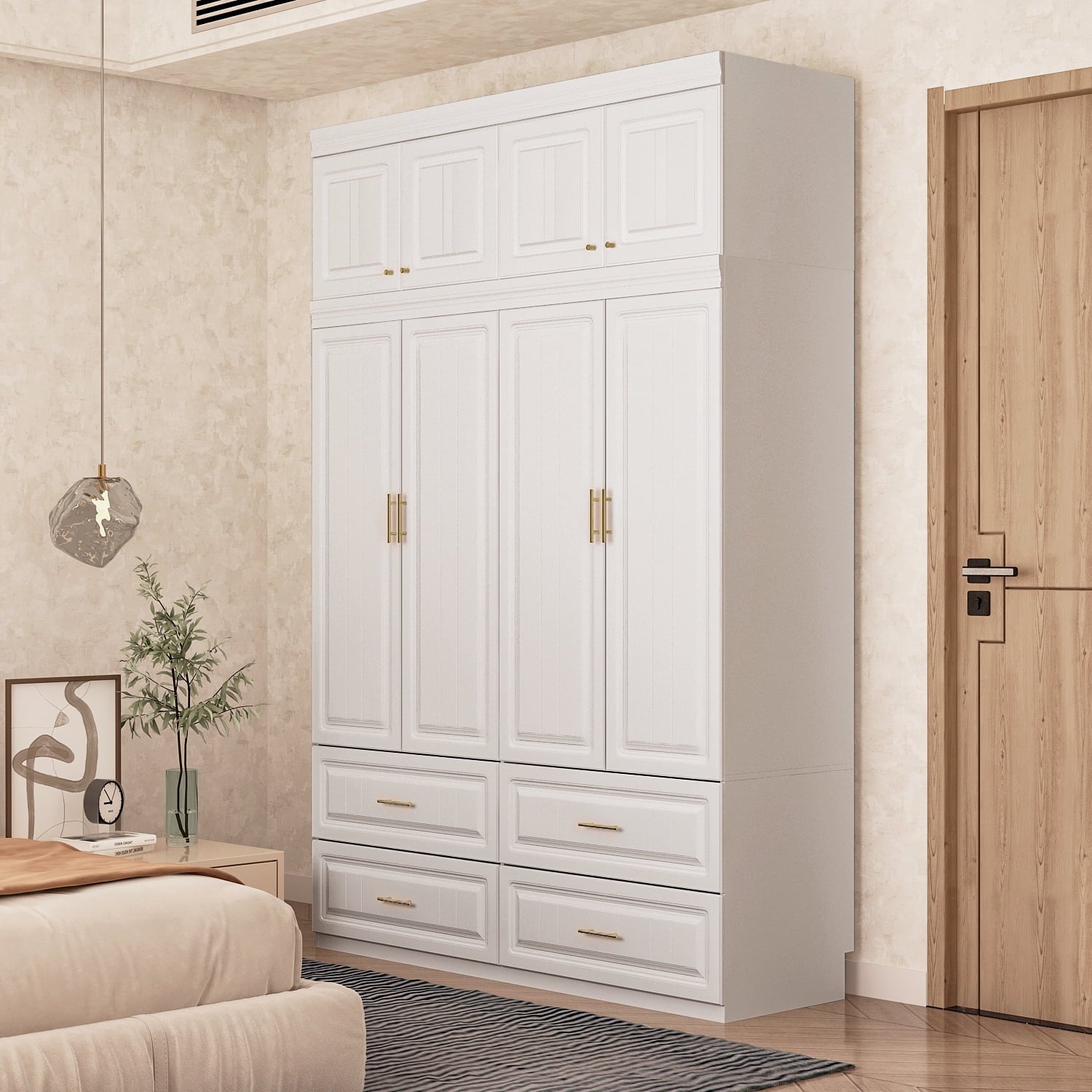 OxyLife 2 Door Wardrobe Armoire, White Closet Storage Organizer with Drawers and Shelves