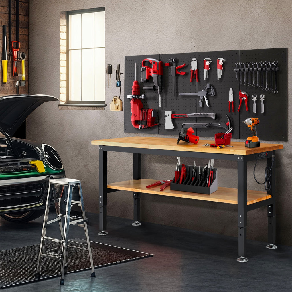 Workbench for Garage,ENJOYWOOD Heavy-Duty 60 inch 2 Tier Wood Work Bench with Storage Pegboards,Rubber Mat,Power Outlets, Rubber Wood Tabletop 2000 LBS Load Bearing Workstation Garage Desk Work Table
