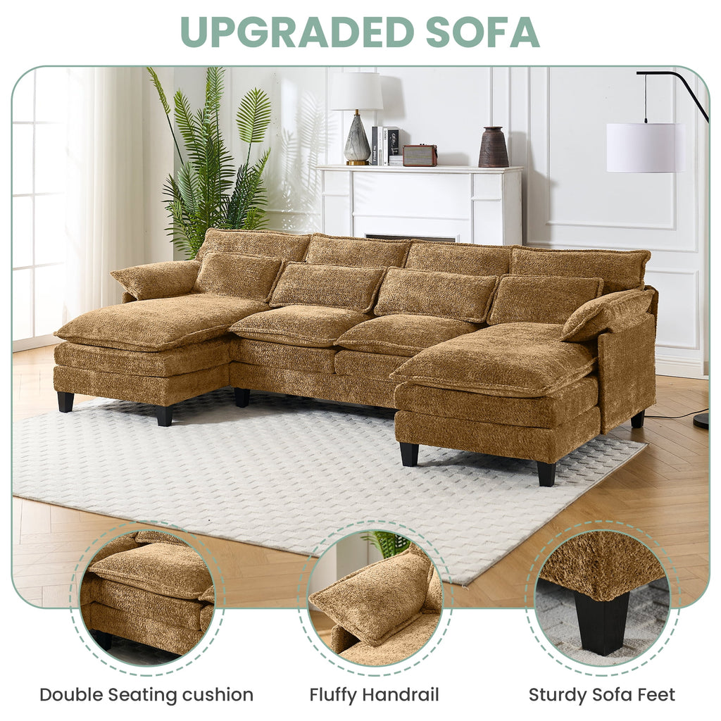 JONPONY109.45 U Shaped Couch,Oversized 4 Seat Sectional with 4 Waist Pillows, Convertible Upholstery Symmetrical Sofá,Sleeper Sofa Couch with Double Chaise Lounge &Memory Foam for Living Room, Beige
