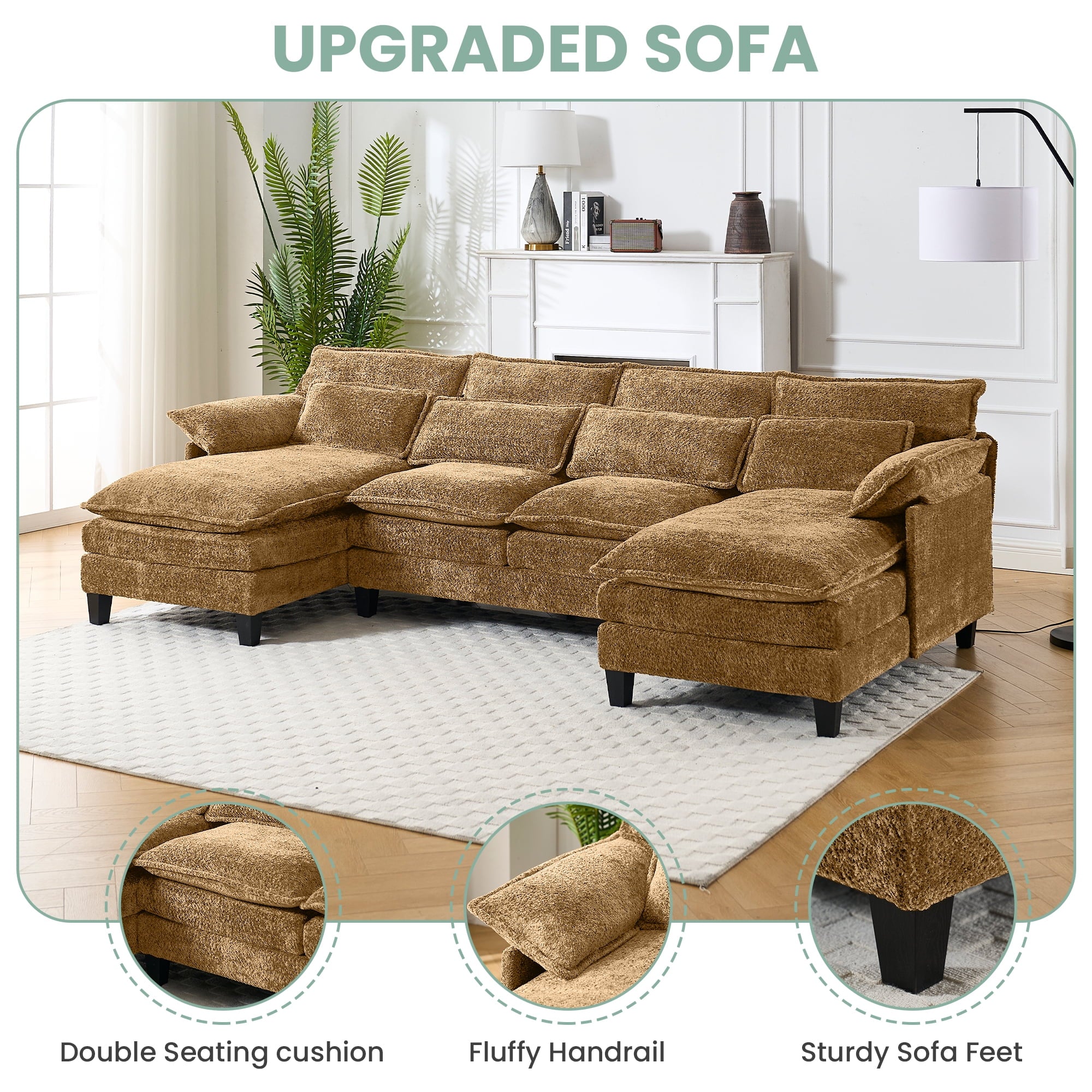 JONPONY109.45 U Shaped Couch,Oversized 4 Seat Sectional with 4 Waist Pillows, Convertible Upholstery Symmetrical Sofá,Sleeper Sofa Couch with Double Chaise Lounge &Memory Foam for Living Room, Beige