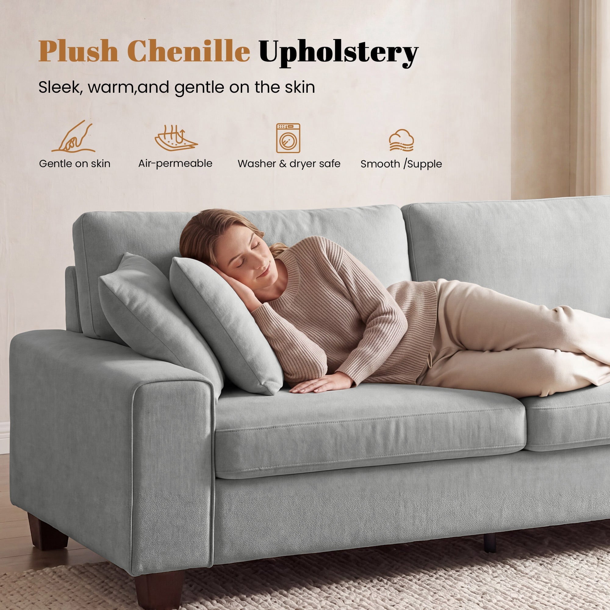 Poshby 88.58''W 3 Seater Sofa Couch with Chenille, Modern Square Arm for Living Room, Light Gray