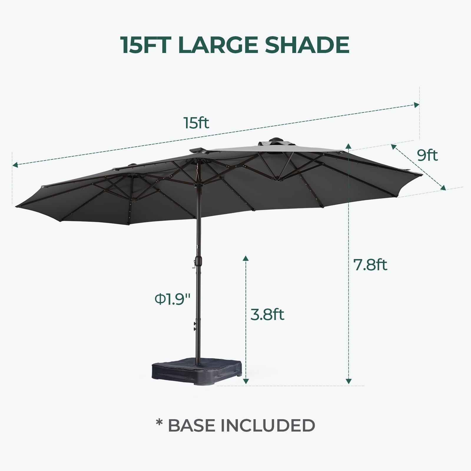 Patbrela 15ft Patio Umbrella with Light and Base, Double Sided  Large Rectangular Outdoor Umbrella with Crank Handle, for Garden, Yard, Poolside and Outdoor Activities, Gray