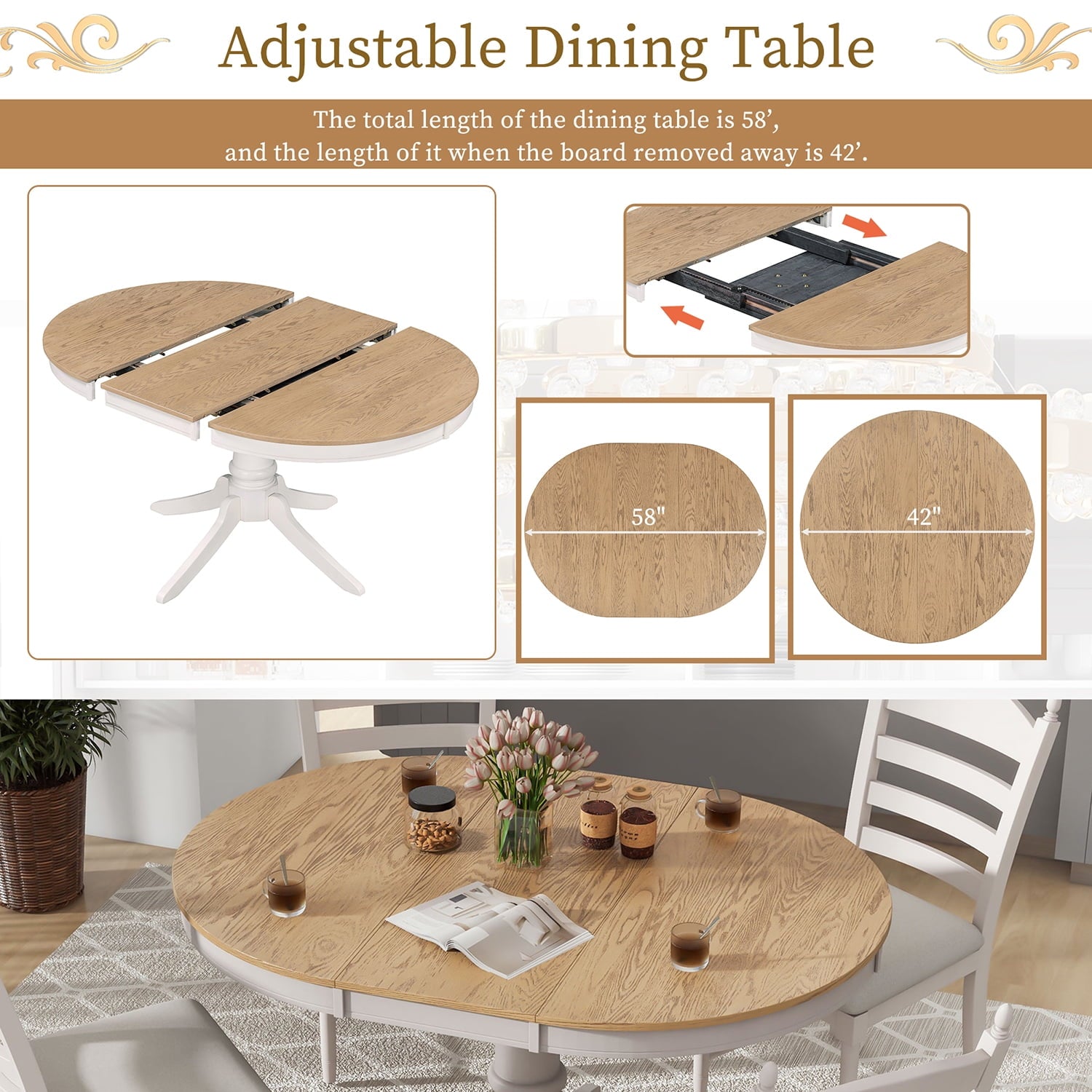 Harper & Bright Designs Farmhouse 5 Piece Kitchen Dining Table Set for 4, Solid Wood Extendable Round Dining Table Set and 4 Upholstered Chairs, Retro Dining Set for Kitchen, Natural Wood Wash