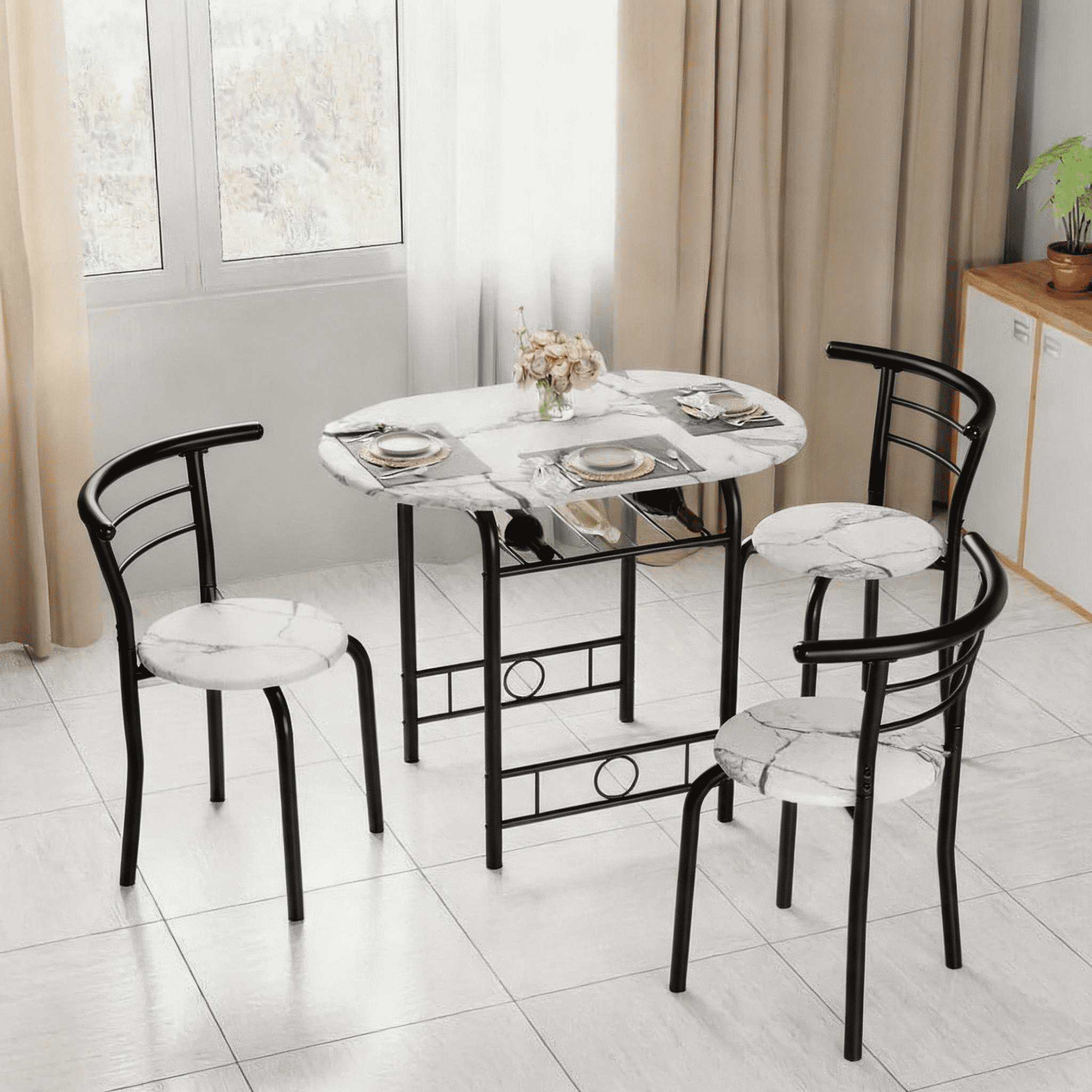 Homall 3 Piece Wood and Metal Dining Table Set, Small Dining Table for 2, Modern Dining Set for Living Room, Dining Room, Kitchen, Black