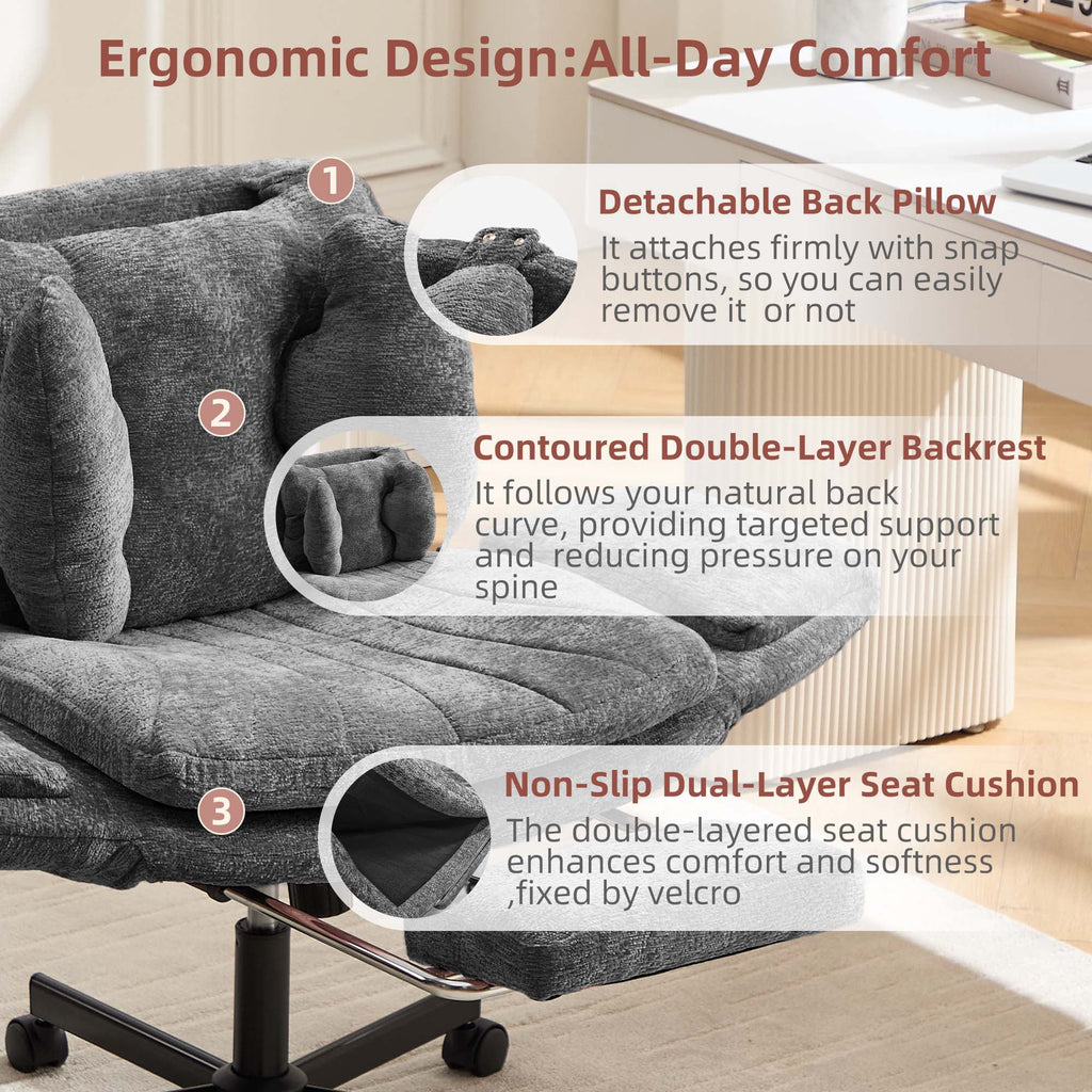 Hforesty Cross Legged Office Chair, Inflatable Flip-up Back & Wide Seat, 5-Position Armrests & Footrest, Ergonomic Task Chair for Home Office, Gray