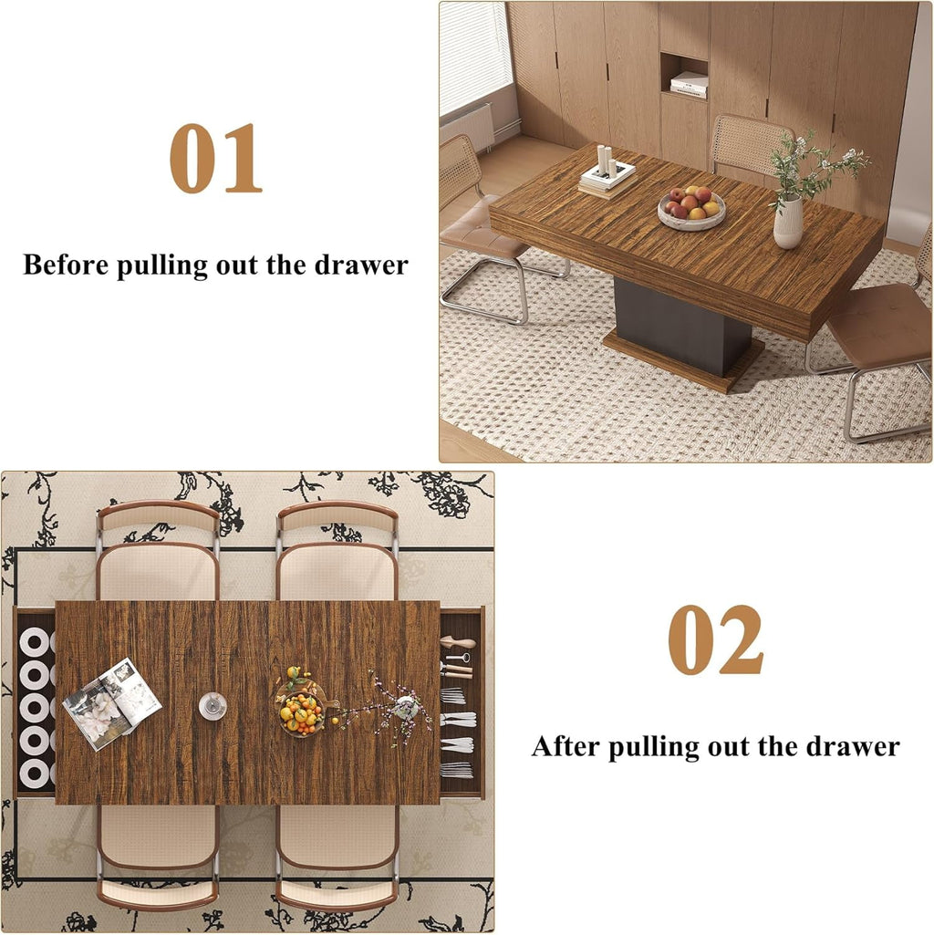 HAUXITIO 55 Inch Dining Table with LED Lights & 2 Drawers,Wooden Pedestal Base Table for 4-6 People,for Kitchen & Dining Room,White& Rustic Brown