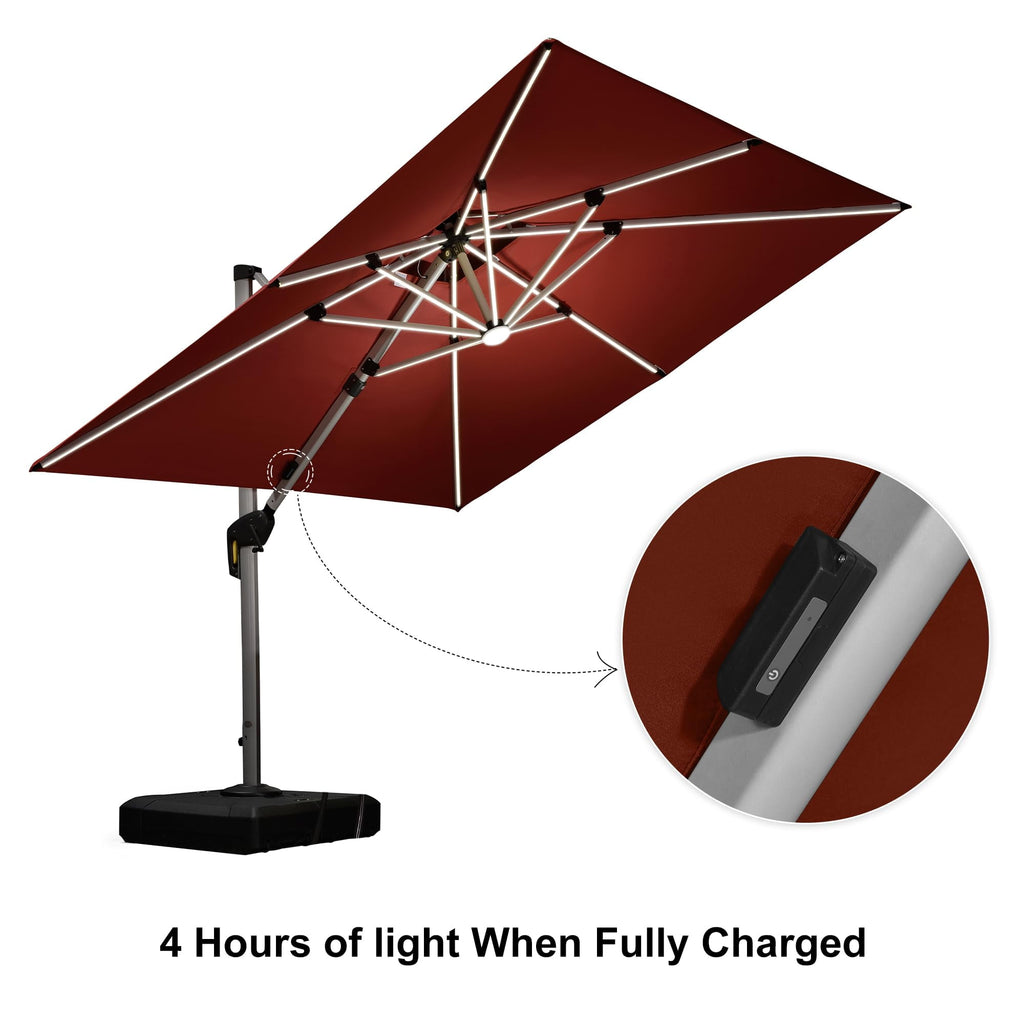 PURPLE LEAF 9 x 12FT Deluxe Rectangle Solar Powered LED Patio Umbrella with Base, Large Offset Cantilever Umbrella with 360° Rotation, Navy Blue